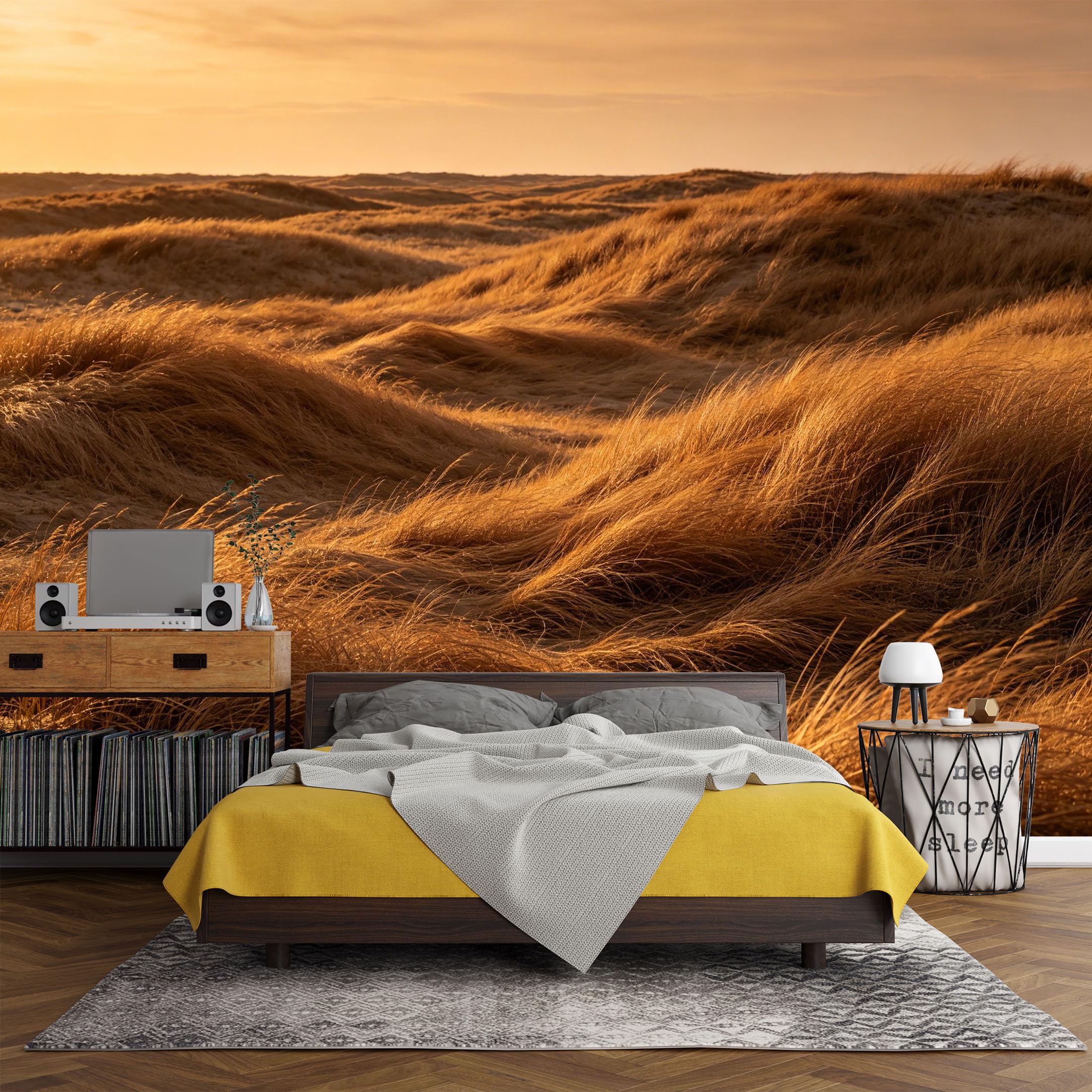 Custom Size Wall Mural， Coastal Golden Dune Grasses Sunset Landscape，SelfAdhesive Art Prints wall Fabric (No PVC) Removable Wallpaper Living Room Decor