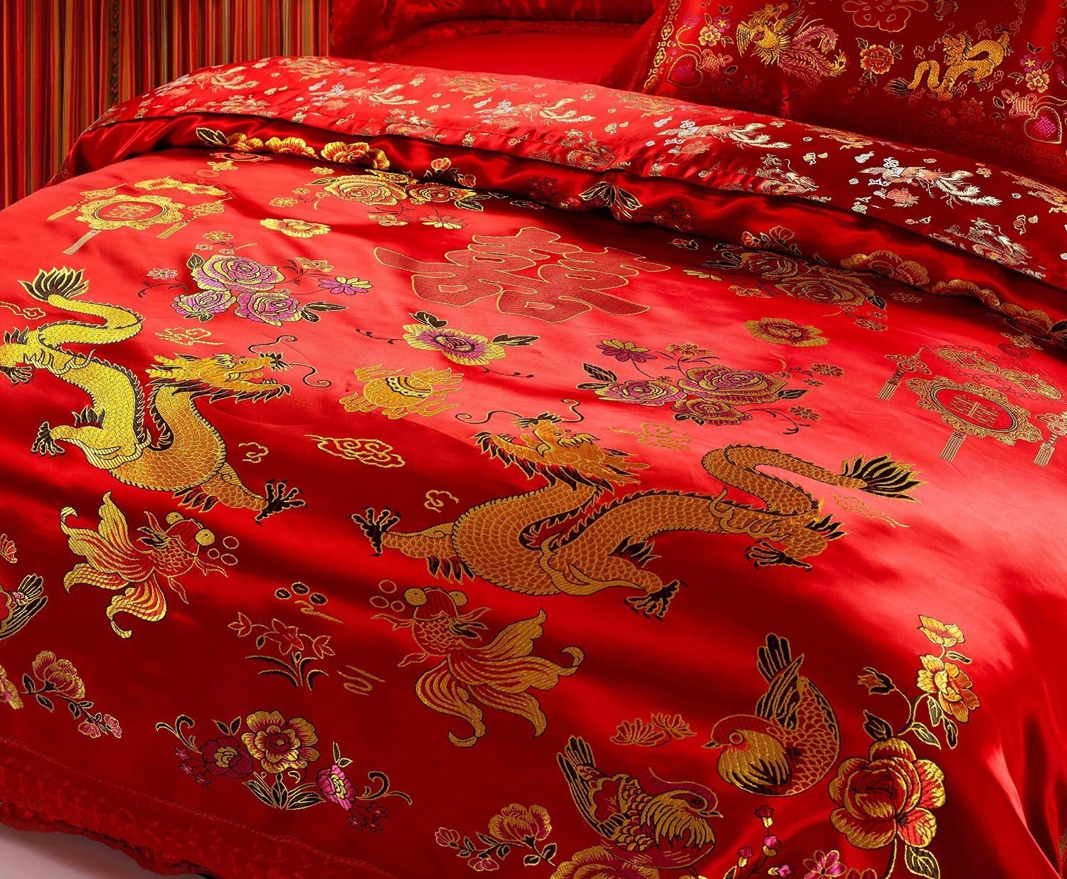 LELVA Chinese Traditional Red Sheet Asian Bedding Queen with Dragon and Phoenix Bird Embroidery Duvet Cover Set 4pcs (Queen)