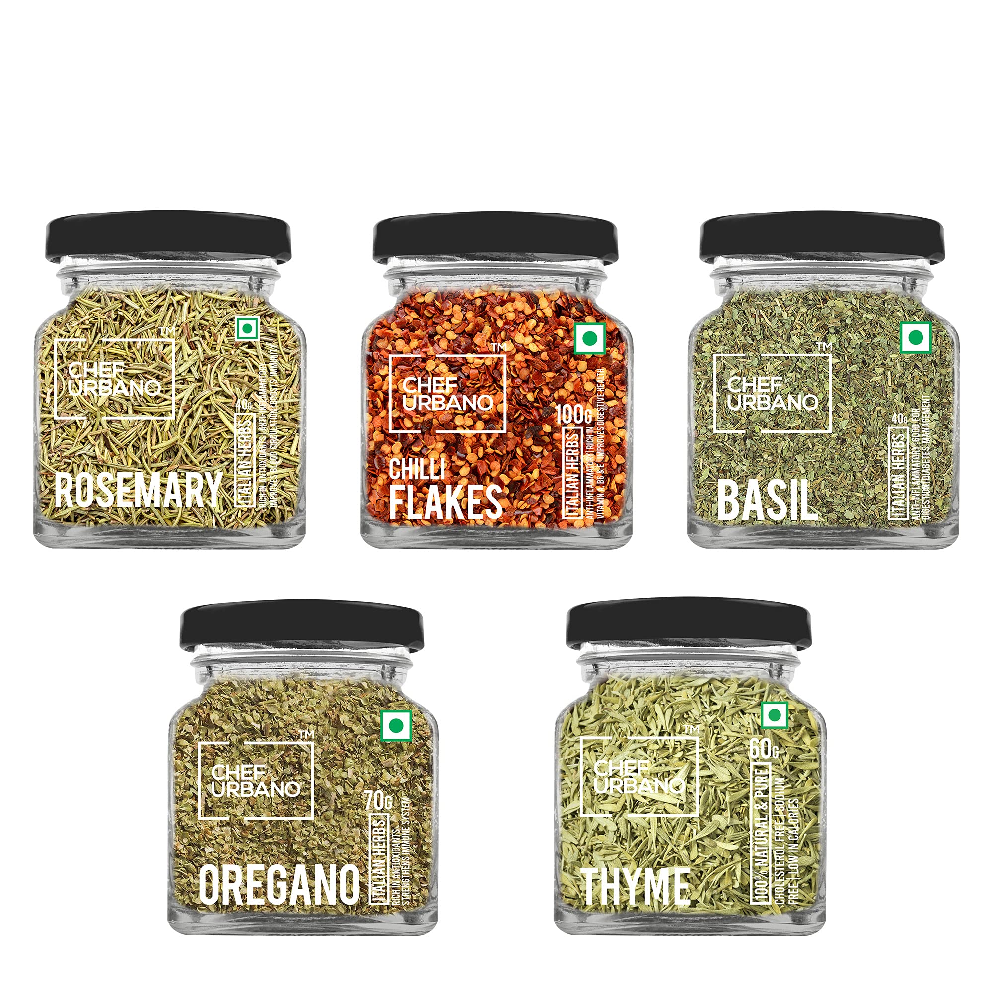 Chef Urbano Combo of Oregano 70g, Basil 40g, Thyme 60g, Rosemary 40g & Chilli Flakes 100g
