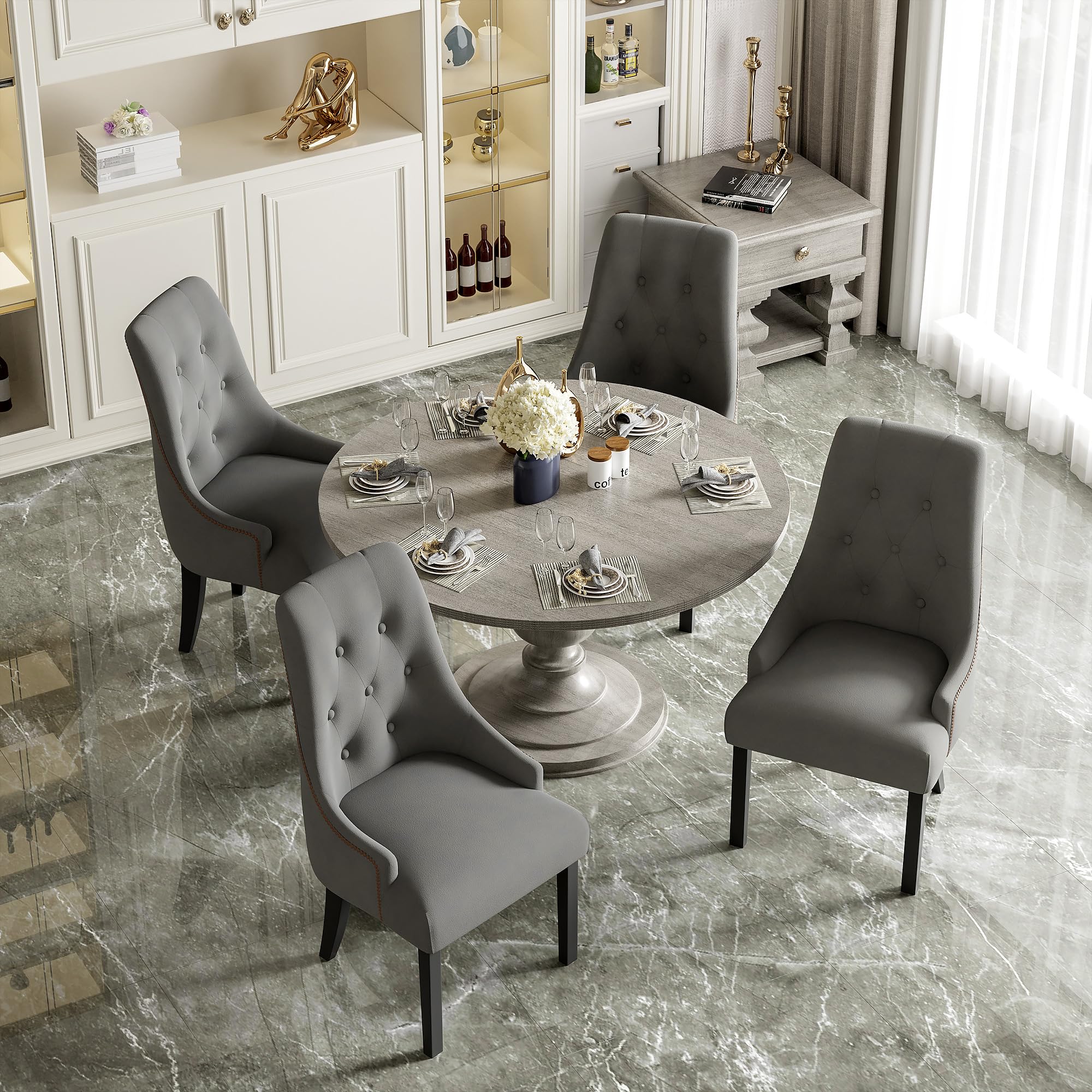 4 sedie eleganti retrò con bottoni rotondi e rivetti, tessuto di velluto e gambe in legno di gomma (grigio)
