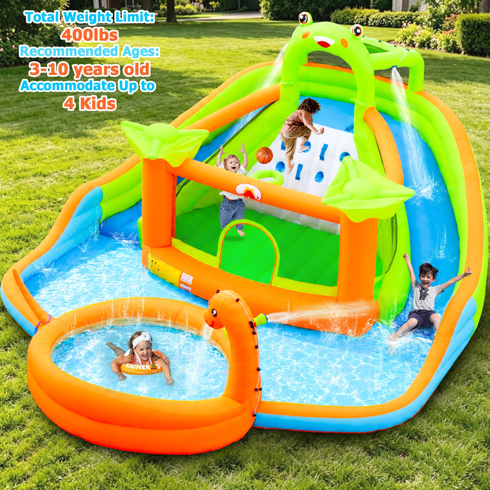 WELLFUNTIME Parque inflable de doble tobogán acuático con soplador, castillo inflable con cañón de agua, piscina de dinosaurios, castillo de rana, pared de escalada, aro de baloncesto, parque acuático