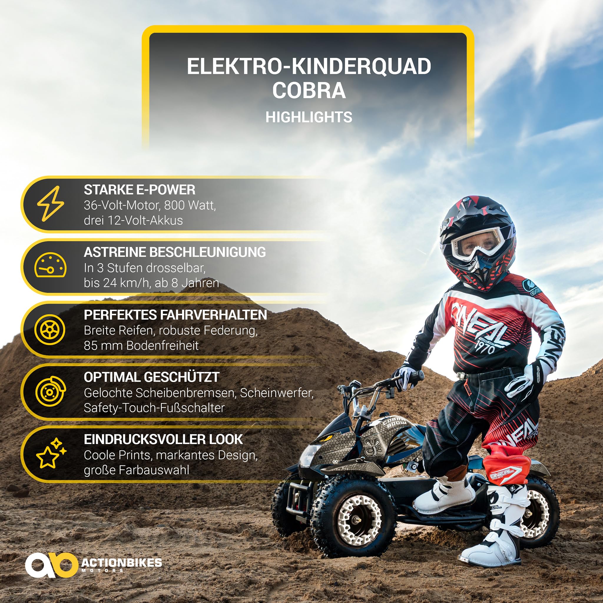 Actionbikes Motors Kinder Quad Elektro ATV Cobra | 𝟑𝟔 Volt 𝟖𝟎𝟎 Watt Motor bis 𝟐𝟒 km/h - Kinderquad - Pocket Quad - Safety Touch Fußschalter - Miniquad - Für Kinder ab 8 Jahren (Grün/Schwarz)