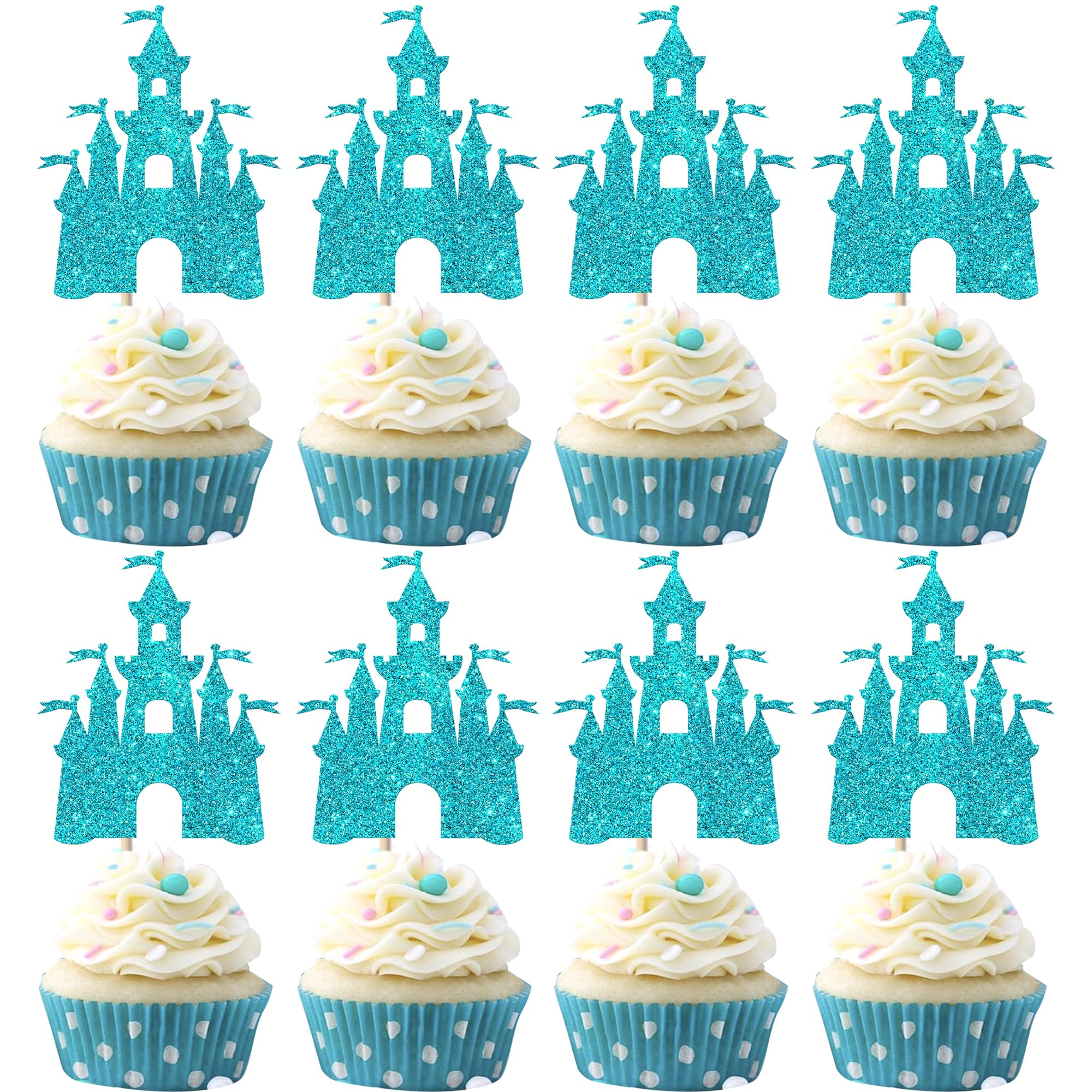 Xsstarmi 24 Pack Castle Cupcake Toppers Sticks Glitter King Queen Prince Princess Castle Cupcake Picks for Baby Shower Kids Birthday Party Cake Decorations Supplies Blue