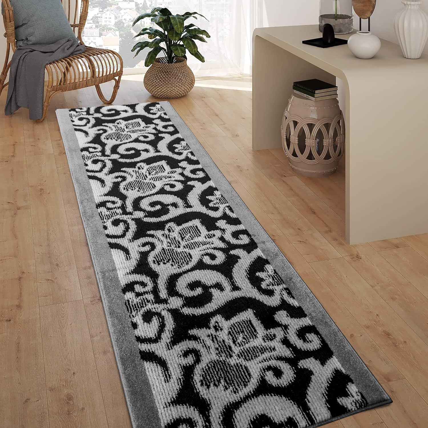 Hallway Runner Rug with Non Slip Rubber Backing, 26 inch x 6 ft, Lily Black & Silver, Carpet Runner Rug for Entryway, Kitchen, Bathroom, Bedroom, Laundry Room,Machine Washable, Custom Length