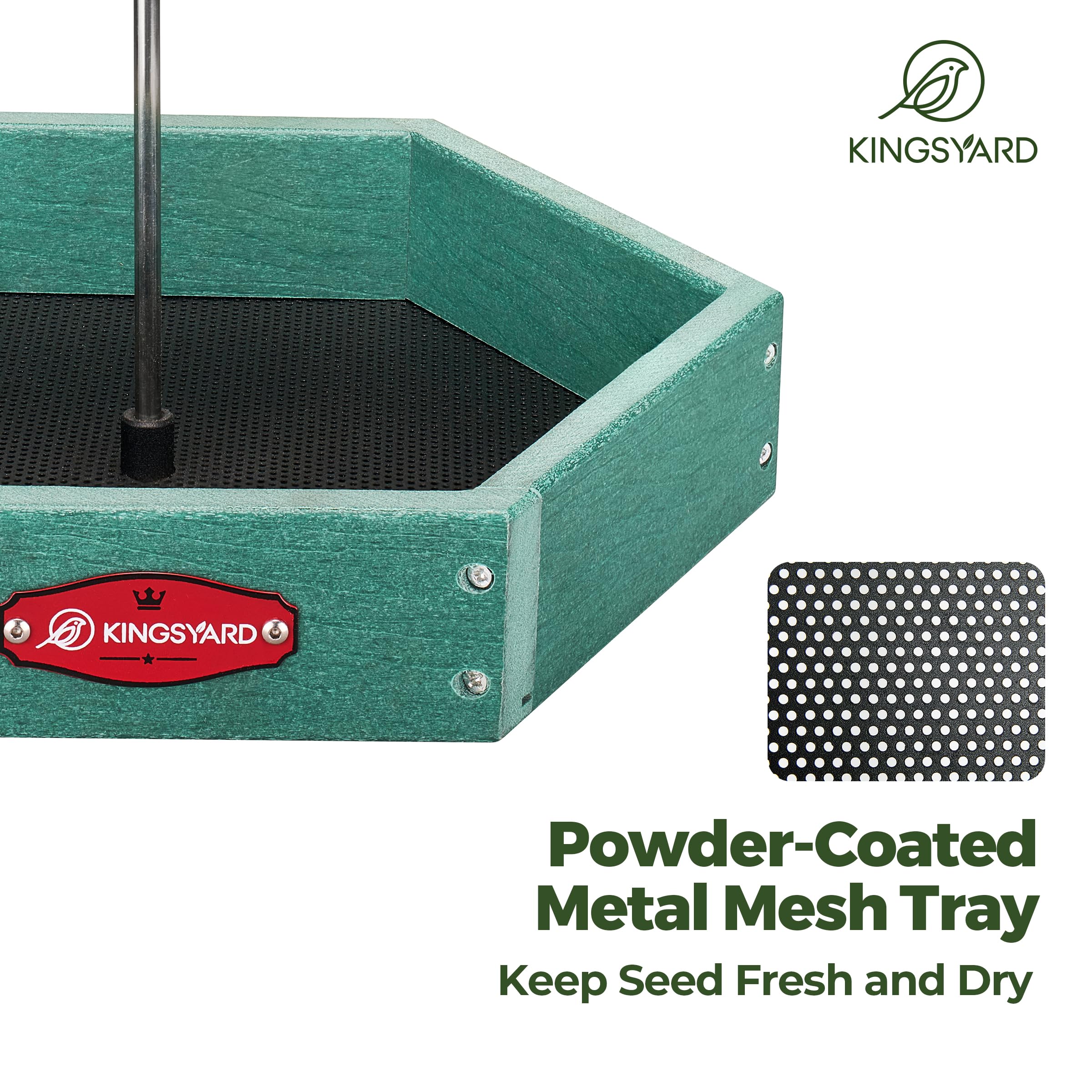 Kingsyard Comedero colgante para pájaros para exteriores, estación de alimentación de plástico reciclada resistente para pájaros silvestres con bandeja de malla de metal y poste colgante de acero