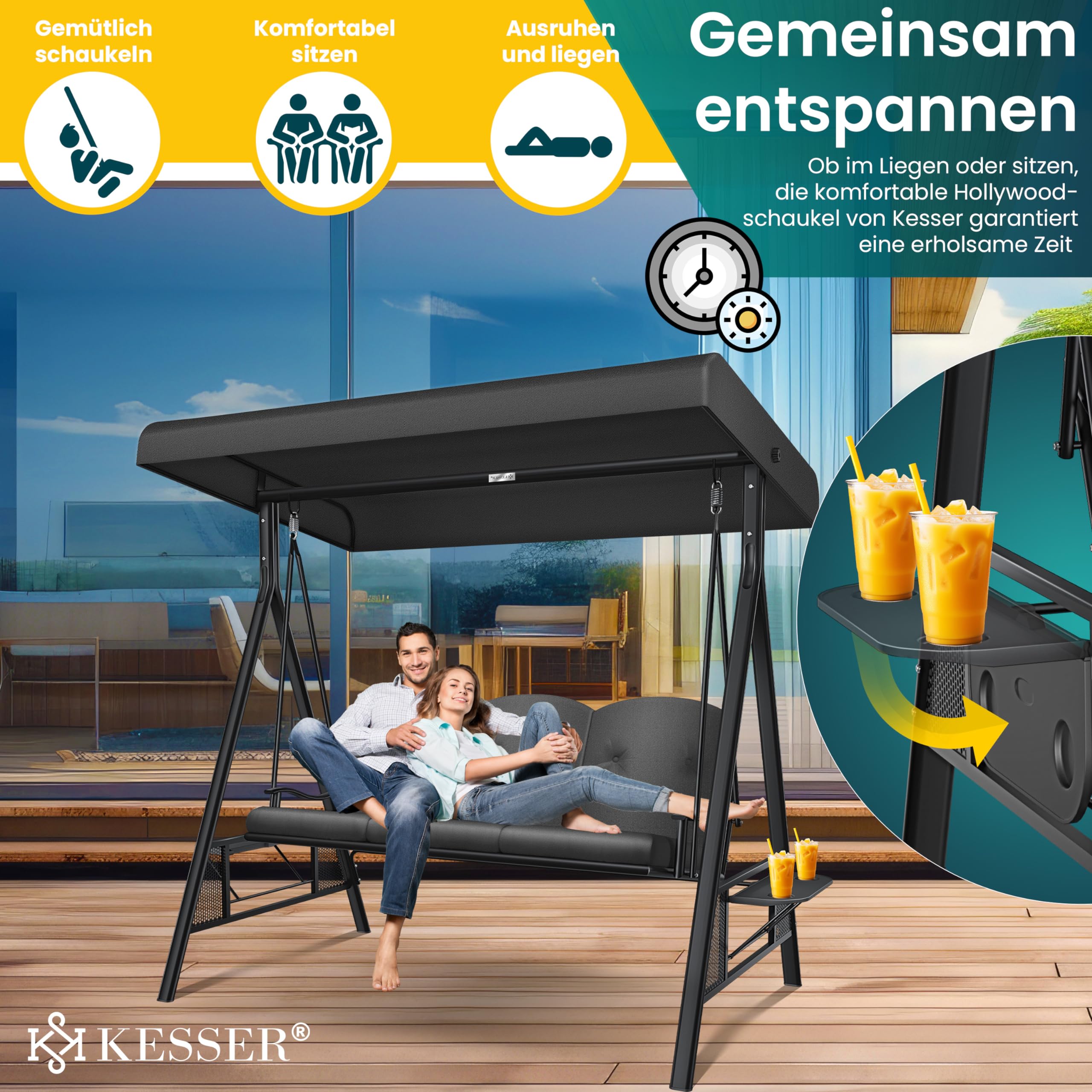 KESSER® Hollywoodschaukel mit Sonnendach 3-Sitzer & Sitzpolster-Auflage | Gartenschaukel bis 360kg belastbar | Gartenliege mit Anti-Rutsch-Füßen | Schaukelbank wasserabweisend für Outdoor & Indoor