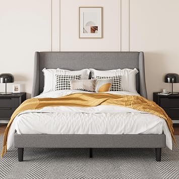 SHA CERLIN Upholstered Bed Frame Full Size with Streamlined Wingback Headboard, Breathable Linen Fabric, Solid Wooden Slats, Easy Assembly, Light Grey