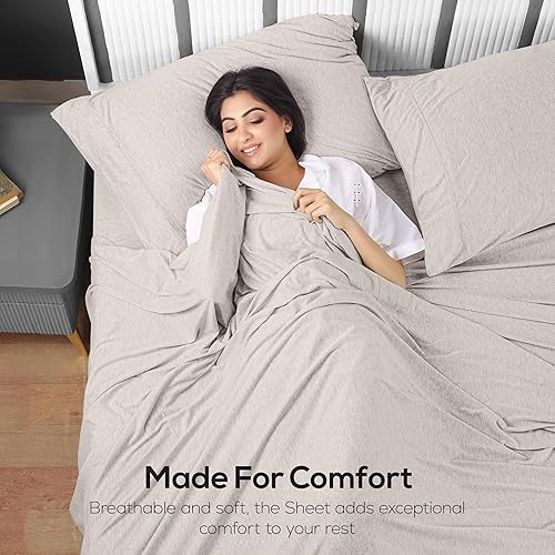 Miniatura 6 de Utopia - Juego de sábanas de algodón de punto de jersey de 4 piezas, suave, tela elástica (Queen, avena)