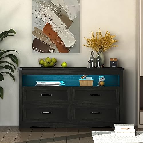 Cómoda de 4 cajones para dormitorio, cómoda con amplio almacenamiento, cómoda de madera moderna estilo granja para dormitorio, pasillo, entrada,