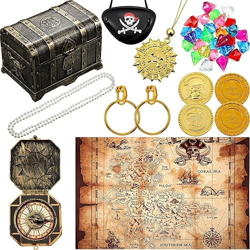 Sumind Kit de 89 piezas de cofre del tesoro pirata, parche de ojo de pirata, aretes dorados, monedas de oro, gemas de plástico, brújula de plástico