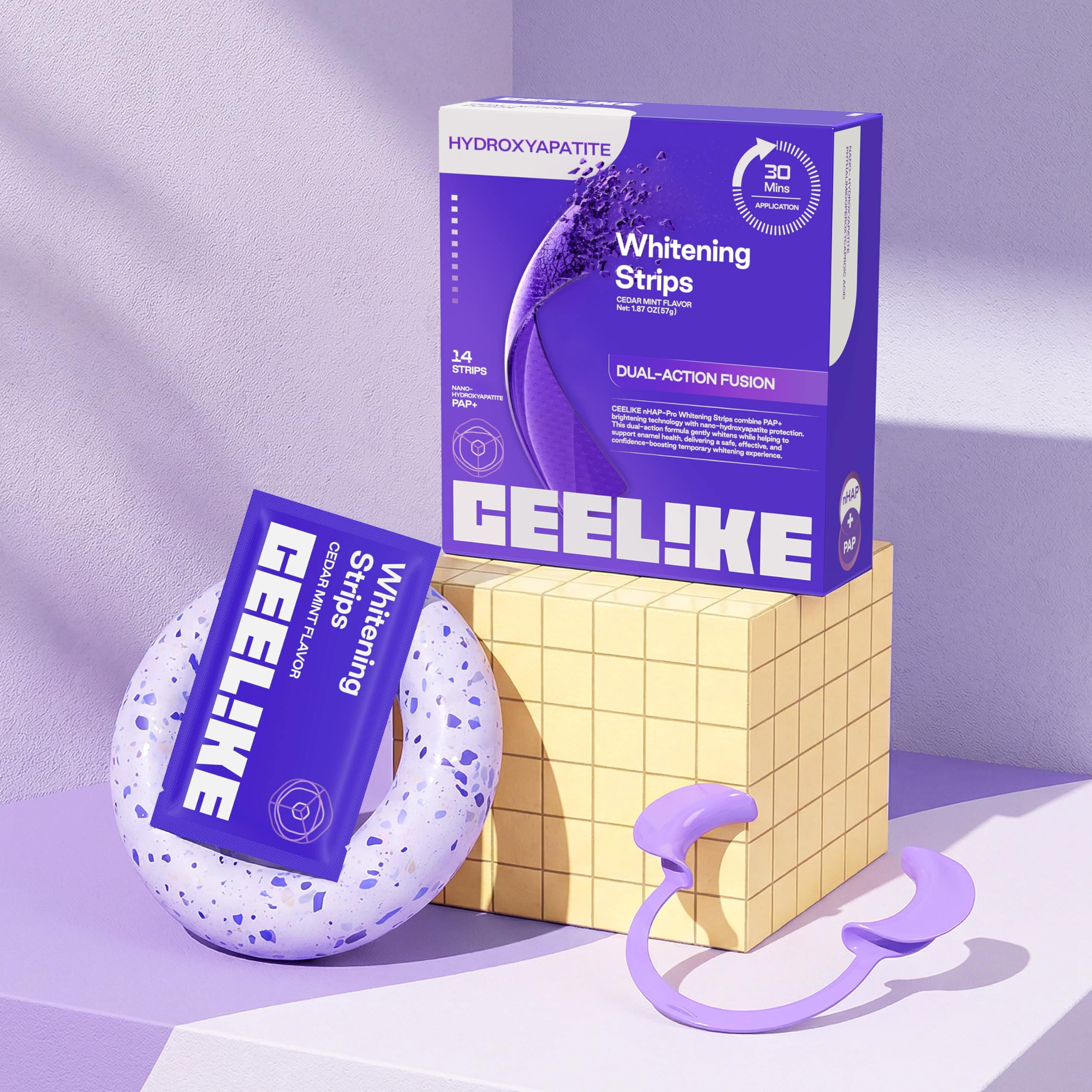 CEELIKE Tiras blanqueadoras moradas para dientes - Fórmula con PAP + nHAP - Tecnología correctora de color violeta - 14 tiras (7 usos) - Aptas para dientes sensibles — view 7