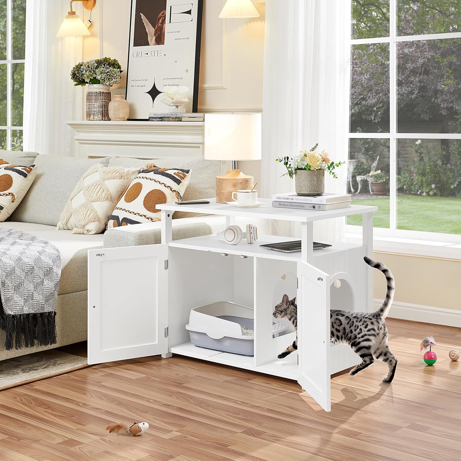 A cat entering the litter box enclosure through the arched side opening.