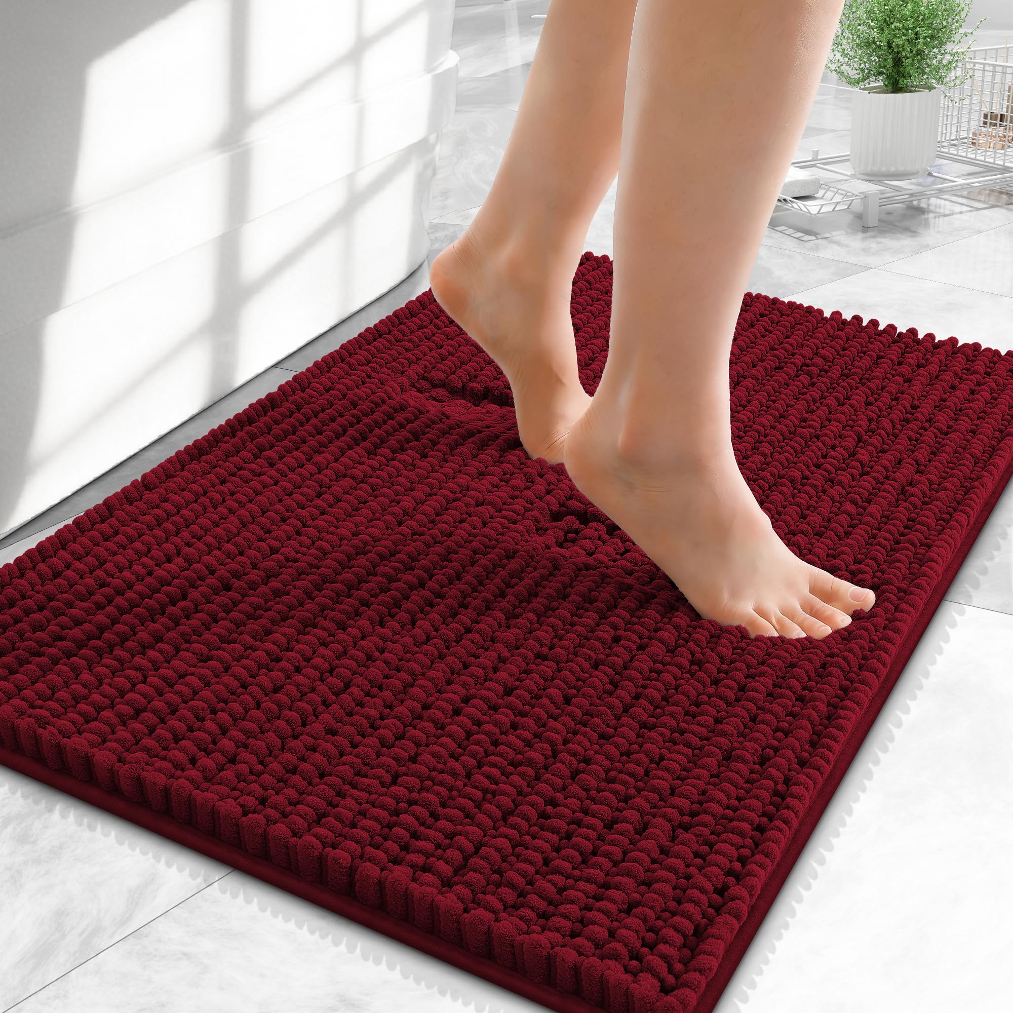 OLANLY Thick Chenille Small Bathroom Rugs Mats 24x16, Burgundy