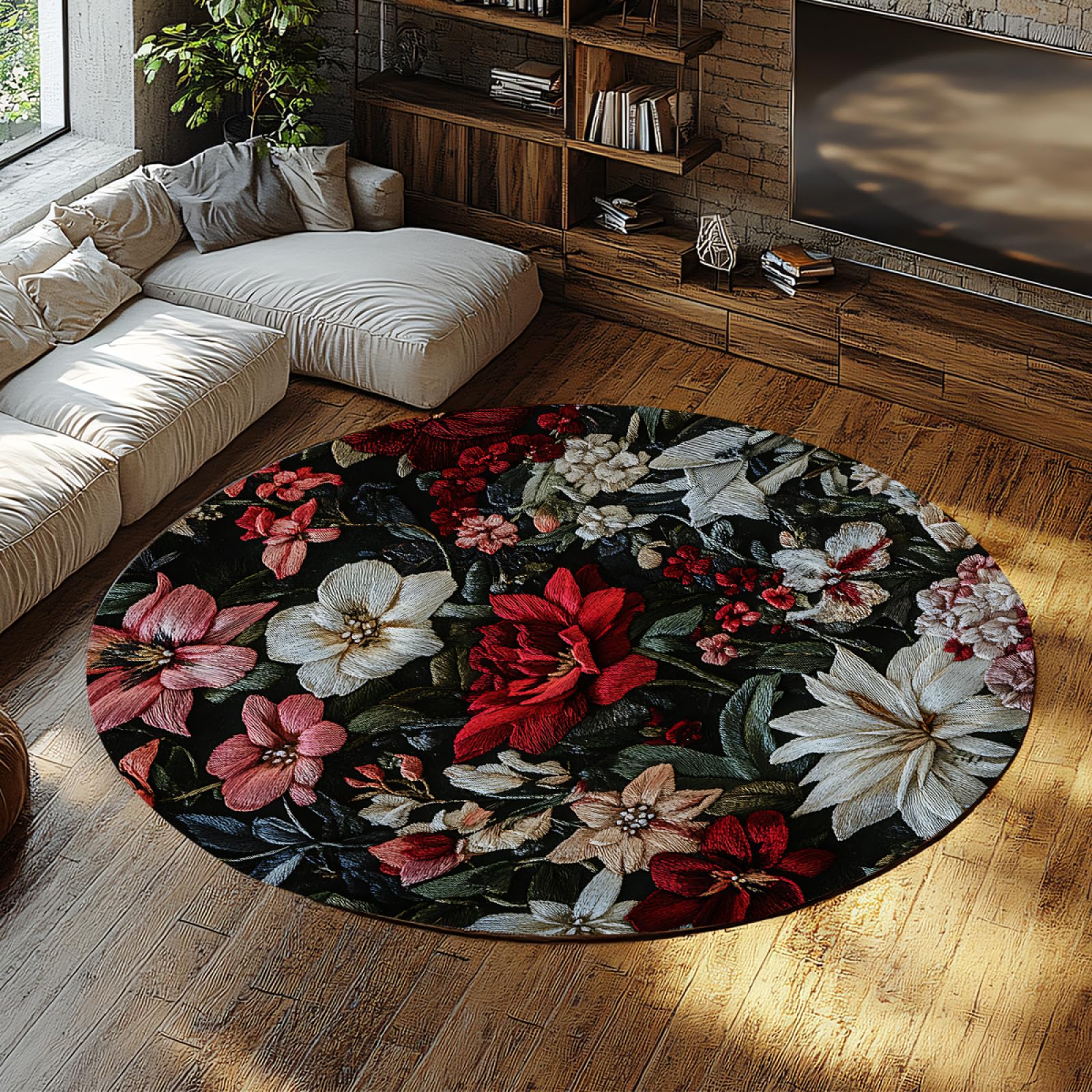 Tapis ronds lavables en machine 180cm imprimé floral jardin