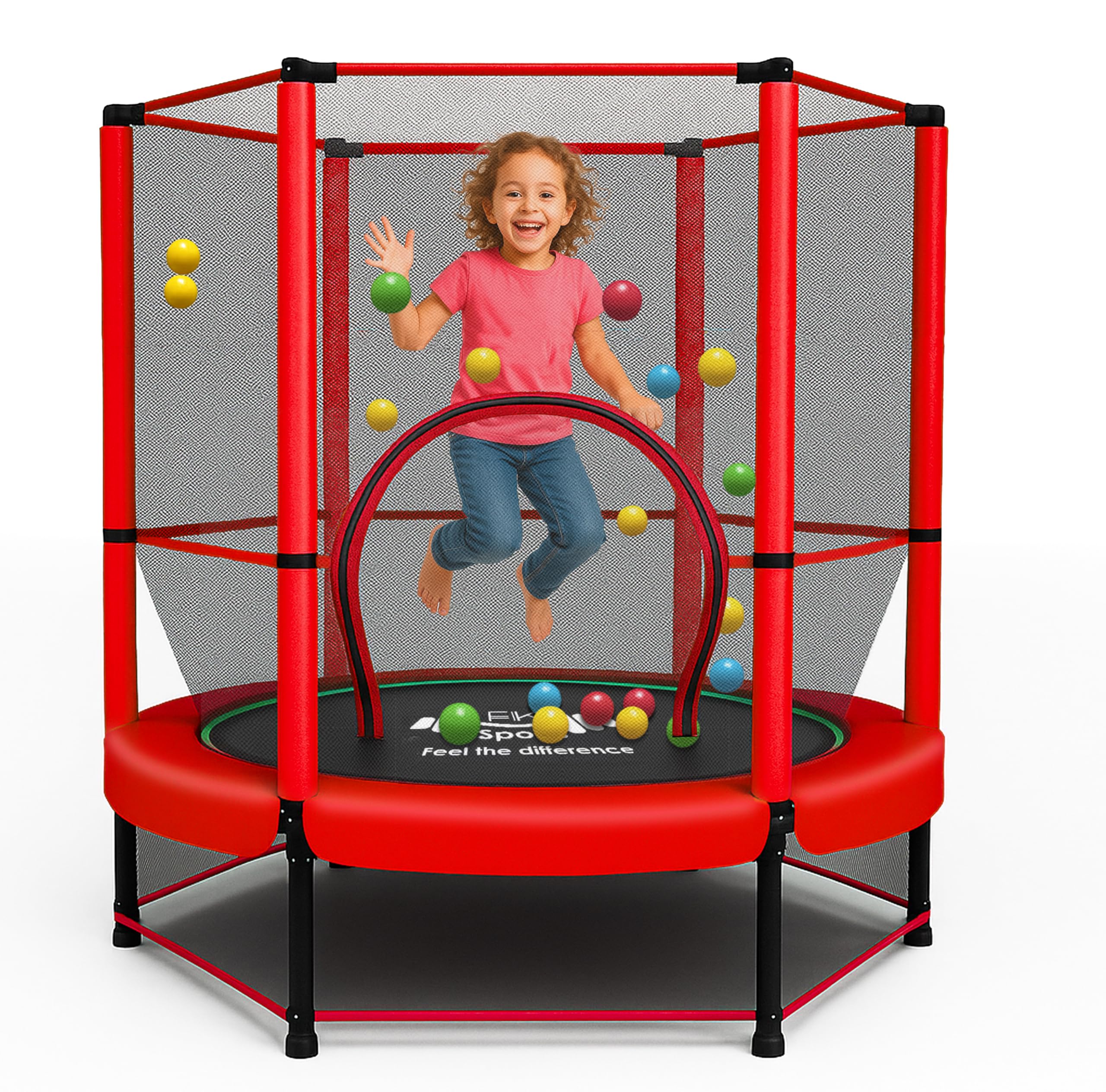 FK Sports 55" Trampoline for Toddlers & Kids with Safety Enclosure Net, Bungee Rebounder & Anti-Skid Pad, Indoor Kids Trampolines - Toddler Trampoline from Age 1 to 11 (55 With Safety Enclosure Red) — image 1