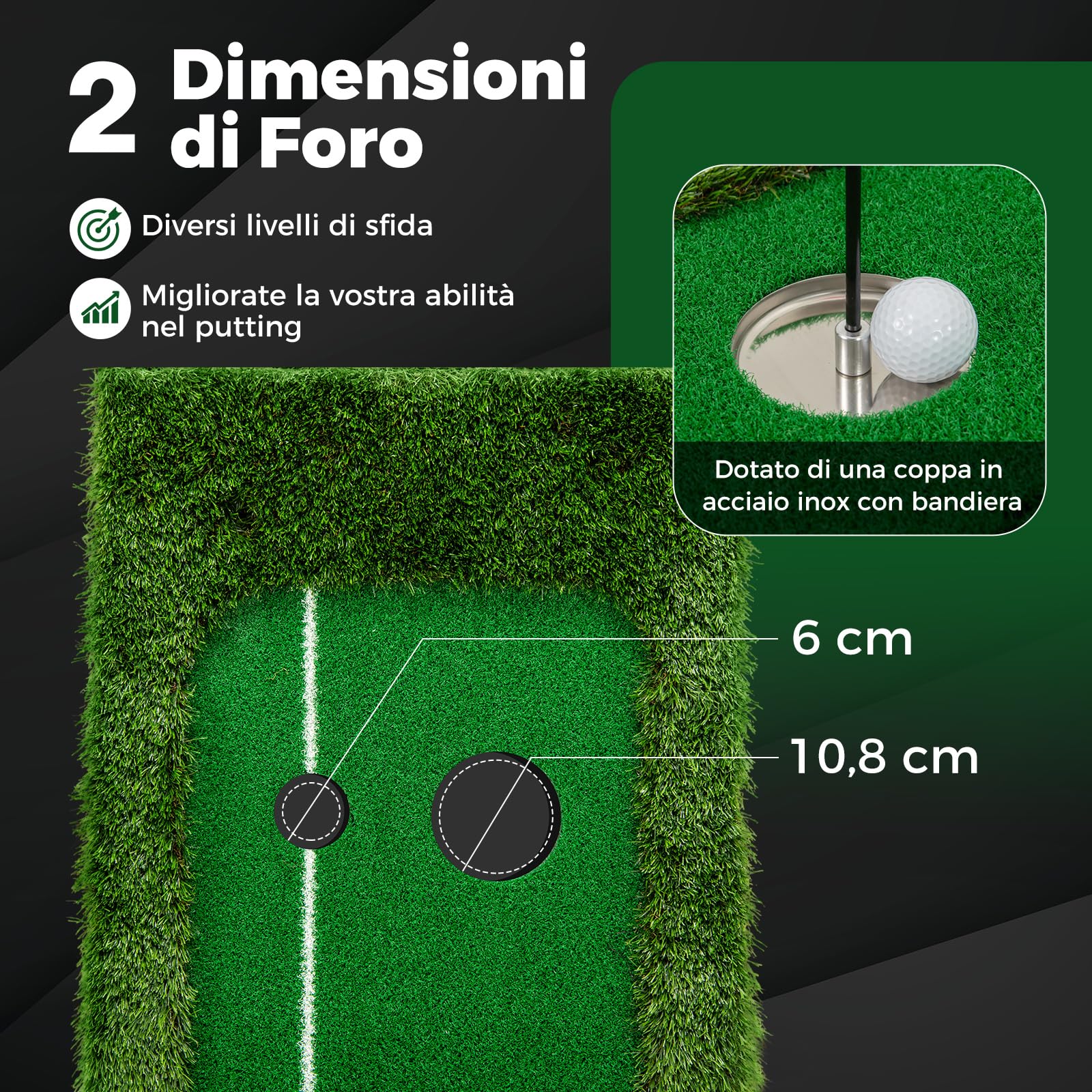 GYMAX Tappeto da Allenamento Golf 300 CM con 3 Palline, 2 Buchi, Green Artificiale, Tappeto da Putting Pong Antiscivolo per Casa, Ufficio