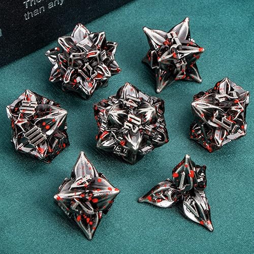 Miniatura 36 de ARUOHHA DND - Juego de dados de metal con diseño de números de hoja negra, dorados, dados poliédricos con caja, 7 dados D y D, juegos de rol D20