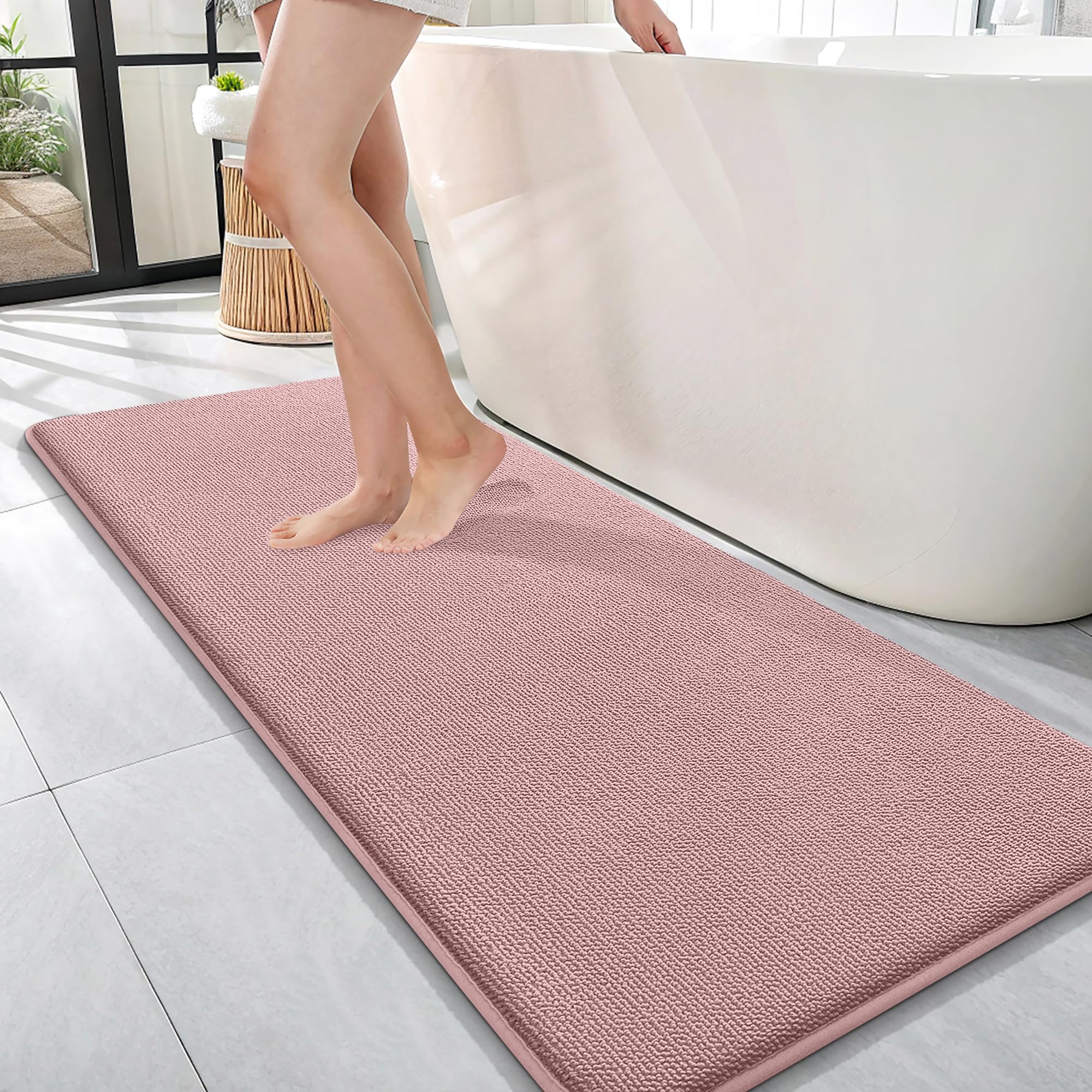 OLANLY Memory Foam Bathroom Runner Rugs 47x17, Long Bath Mats, Dusty Rose