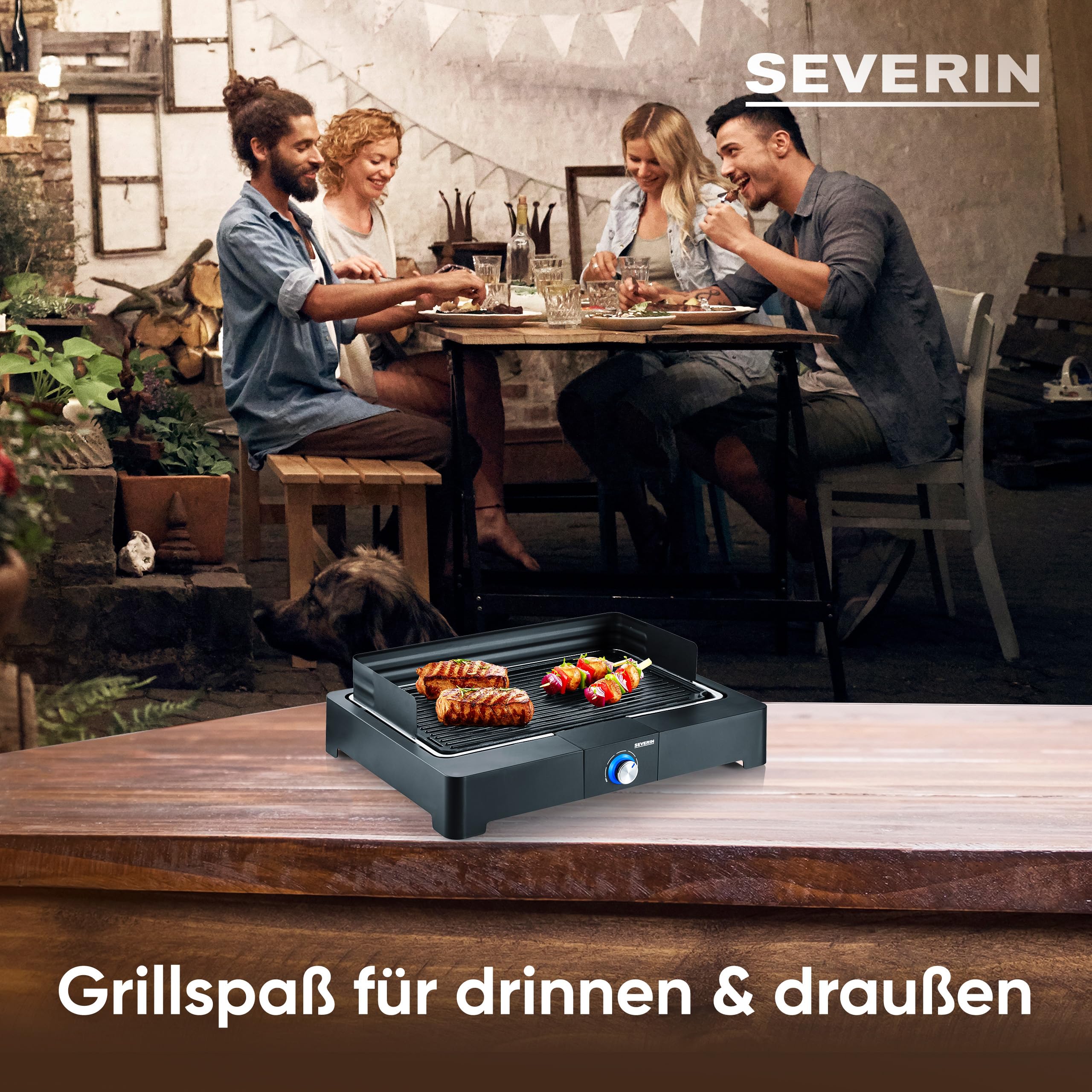 SEVERIN Tischgrill mit Aluminium-Grillplatte für drinnen und draußen, Elektrogrill mit schnellem Grill-Start, Balkon Grill ohne Verbrennungsgefahr, Schwarz, PG 8567