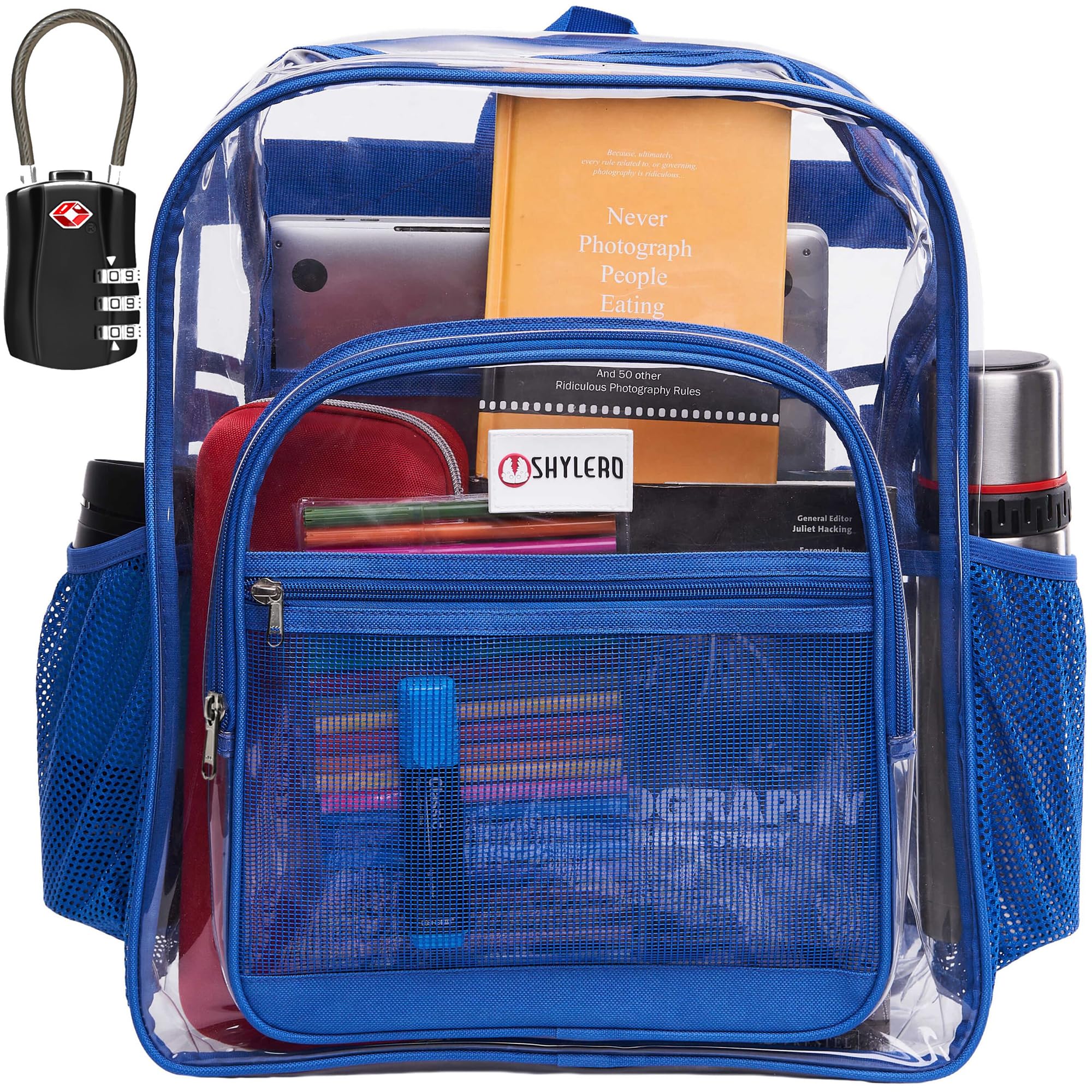 SHYLERO Clear Backpack Heavy Duty has TSA Lock, 2-WAY Zipper. PVC Transparent Backpack Is Extra Large - H18''xW14''xD8 - Blue