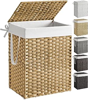 SONGMICS Laundry Hamper with Lid, 23.8 Gallon (90 L) Synthetic Rattan Clothes Laundry Basket with Lid and Handles, Foldable, Removable Liner, Goose Yellow ULCB51NL