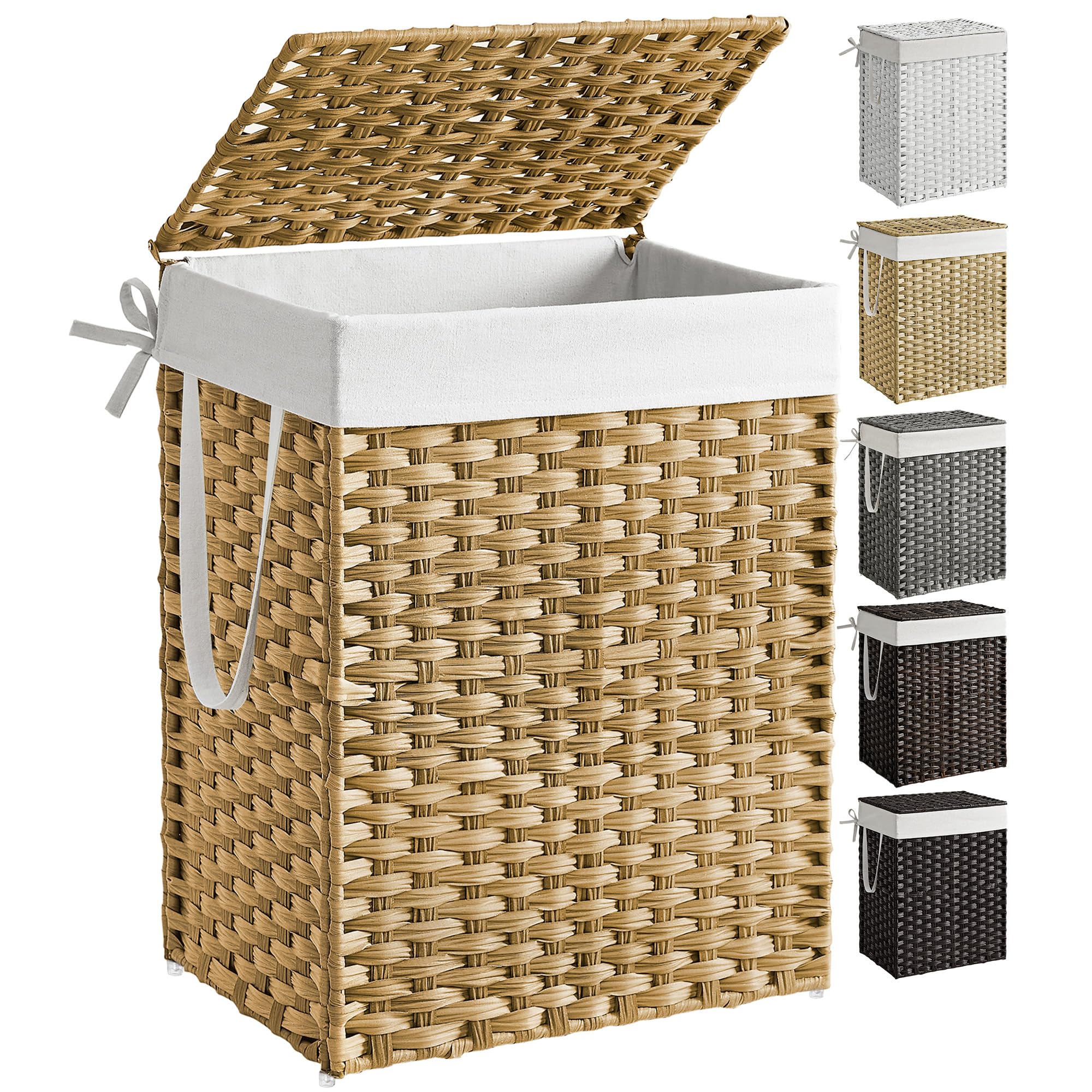 SONGMICS Laundry Hamper with Lid, 23.8 Gallon (90 L) Synthetic Rattan Clothes Laundry Basket with Lid and Handles, Foldable, Removable Liner, Goose Yellow ULCB51NL