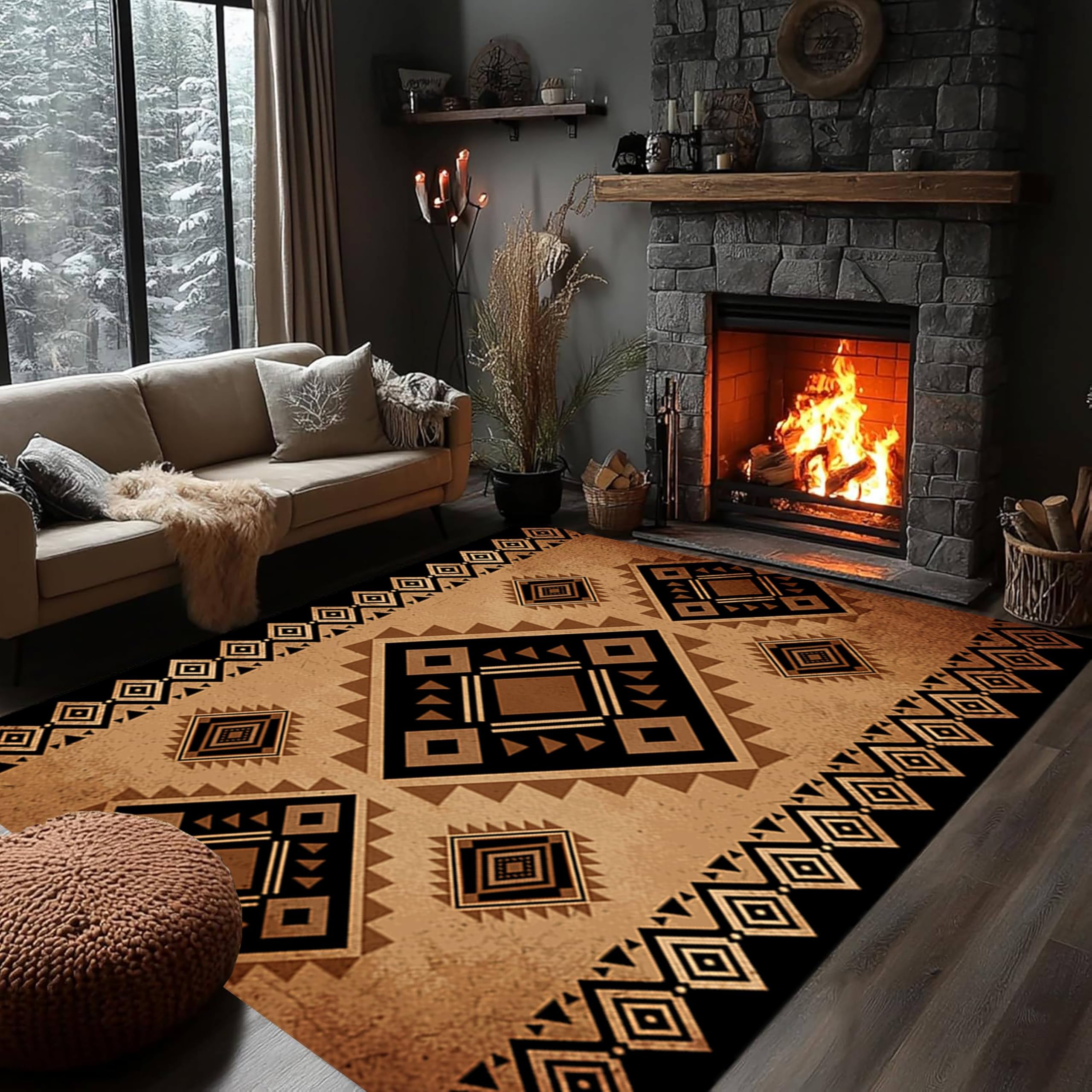 Southwestern Area Rug, 3x5ft, Black Dark Tan Tradition Tribal Vintage Native American Throw Rugs, Fade Resistant Non-Shedding Boho Decor Indoor Carpet