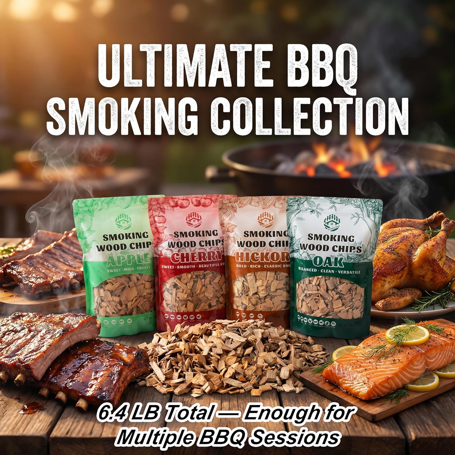 Smoking Wood Chips Variety Pack – Apple, Cherry, Hickory & Oak, 4 Flavors, 1.6 lb Each, Wood Chips for Smoker, All-Natural Hardwood Wood Chips, Smoker Wood Chips for BBQ, Gas & Charcoal Grills