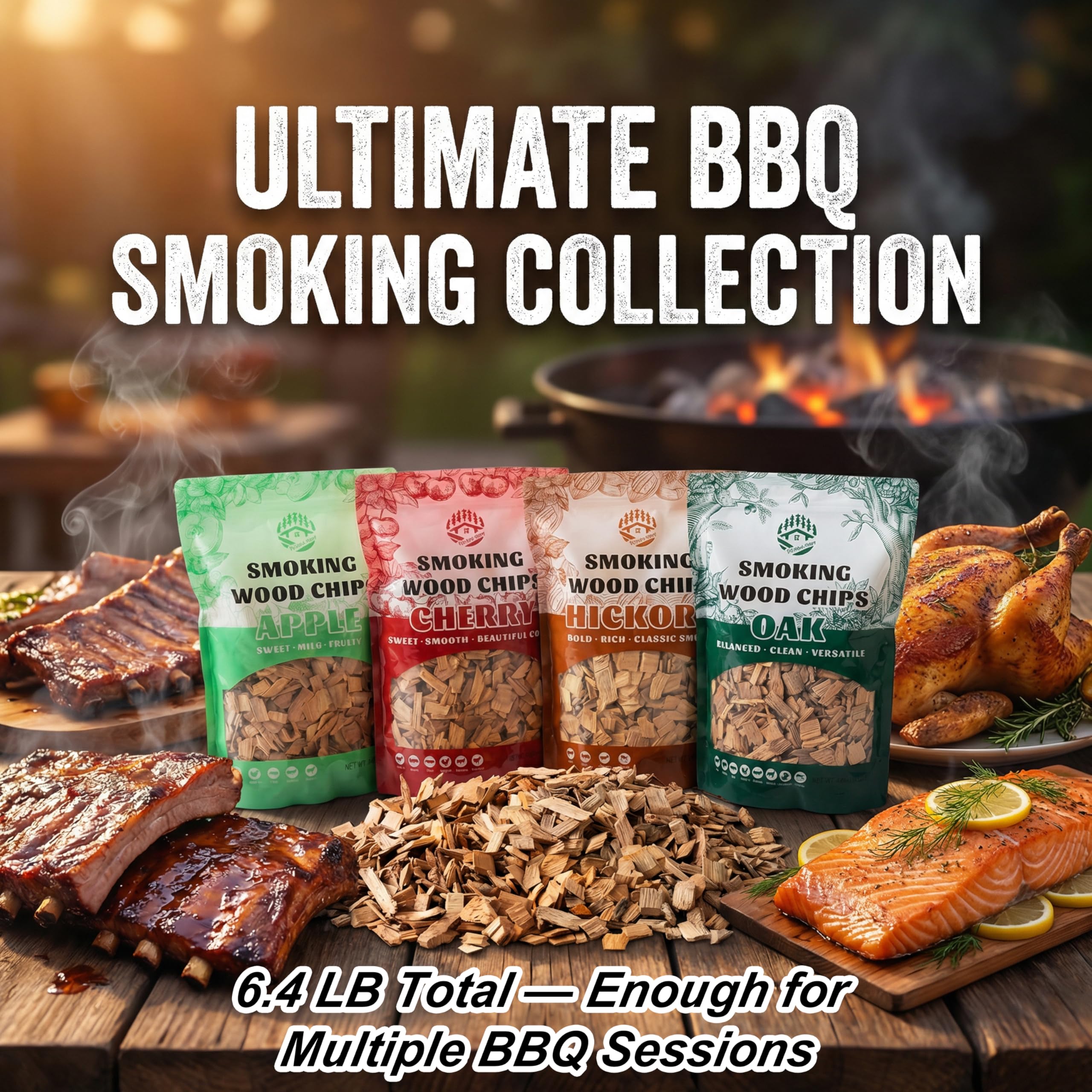 BBQ Holzspäne für Smoker Variety Pack, 4 Geschmacksrichtungen: Apfel, Eiche, Hickory & Kirsche, 0,7 kg pro Beutel, natürliche Räucherholzspäne für BBQ, Grillen, Gas- & Holzkohlegrill, Kochen im Freien