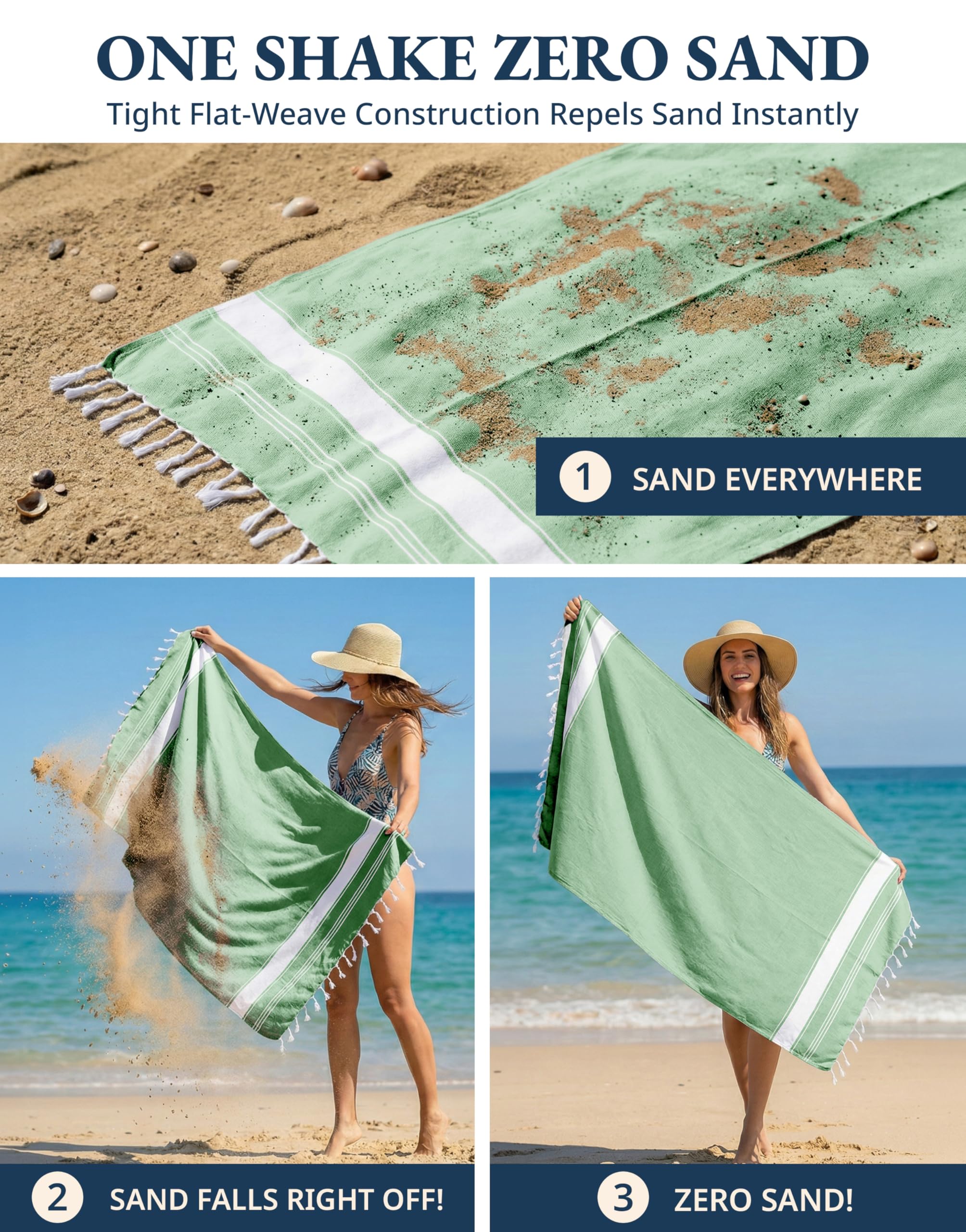 LANE LINEN Lot de 4 serviettes de plage turques surdimensionnées, 99,1 x 180,3 cm, serviettes de piscine légères et à séchage rapide, serviettes de voyage pré-lavées, anti-sable et absorbantes, vert