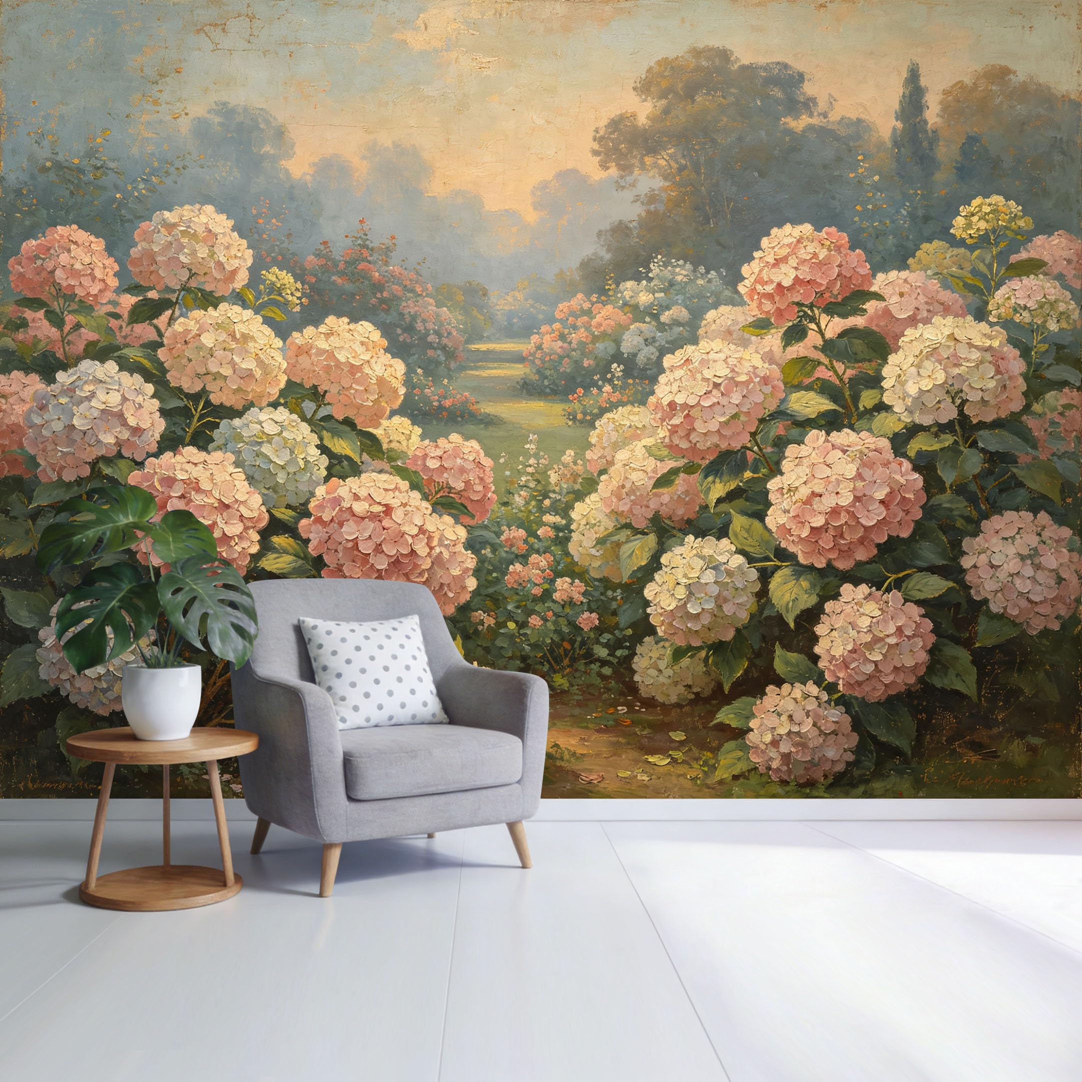 Custom Size Wall Mural Botanical Hydrangea Garden Landscape Pastel Flowers Sunrise Oil Painting Style SelfAdhesive Wall Fabric Removable Wallpaper for Home Office Decor