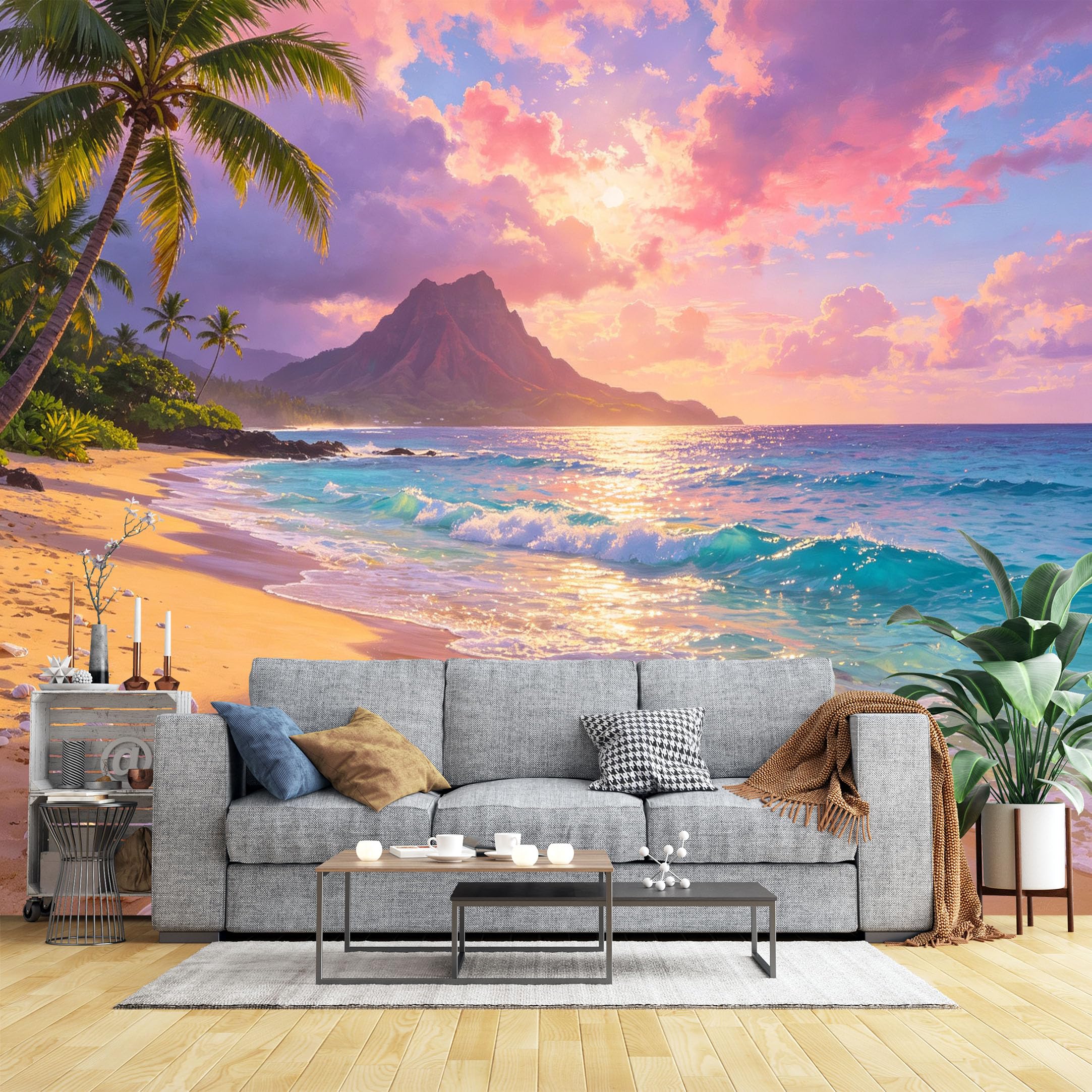 Lcythiazole Ch260604085 Custom Size Wall Murals Tropical Sunset Palm Beach Wall Covering Fabric Self-Adhesive Wall Fabric (No Pvc) Removable Wallpaper For Living Room Home Decor