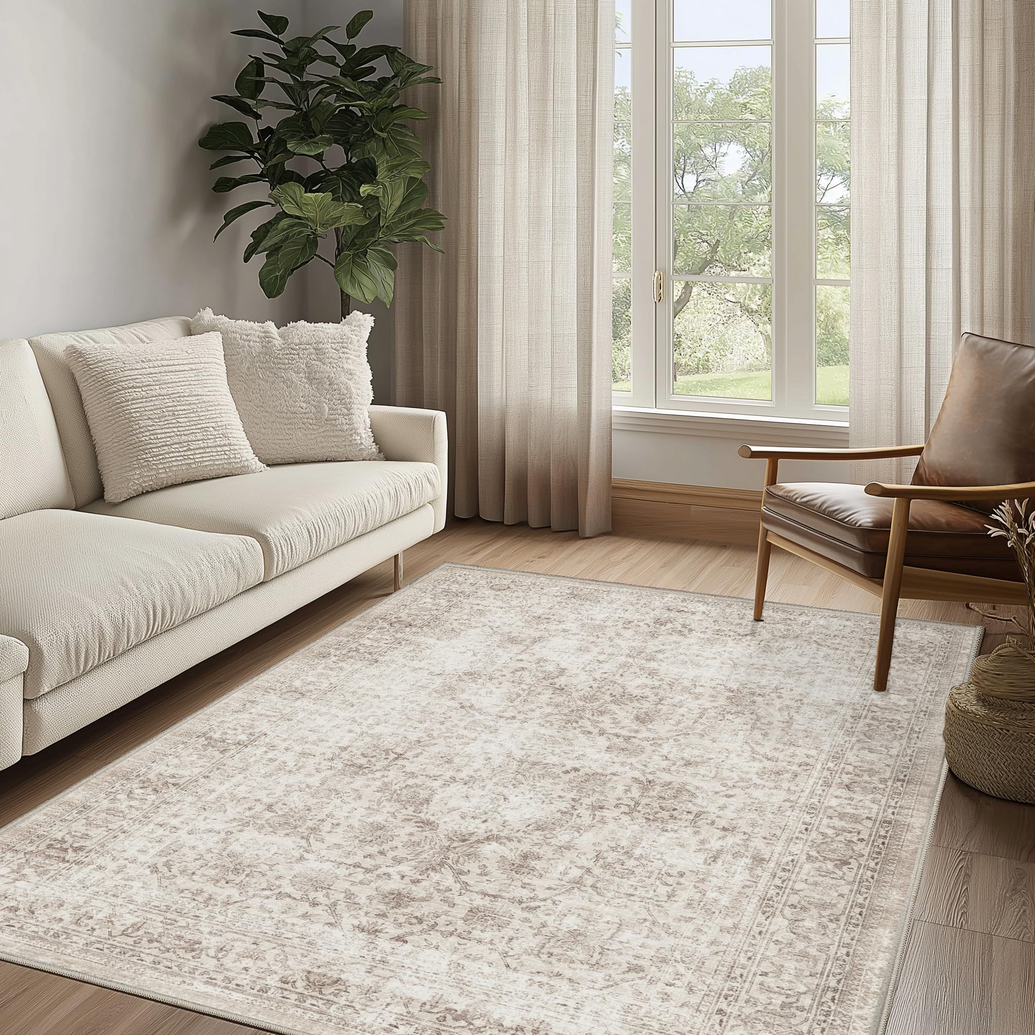 Beauoop Washable Area Rug Neutral Vintage Beige Non Slip Low Pile Traditional 140x200 cm Indoor Carpet for Living Room Bedroom Soft Retro Mat Throw Rug for Dining Office Kitchen Dorm Entryway