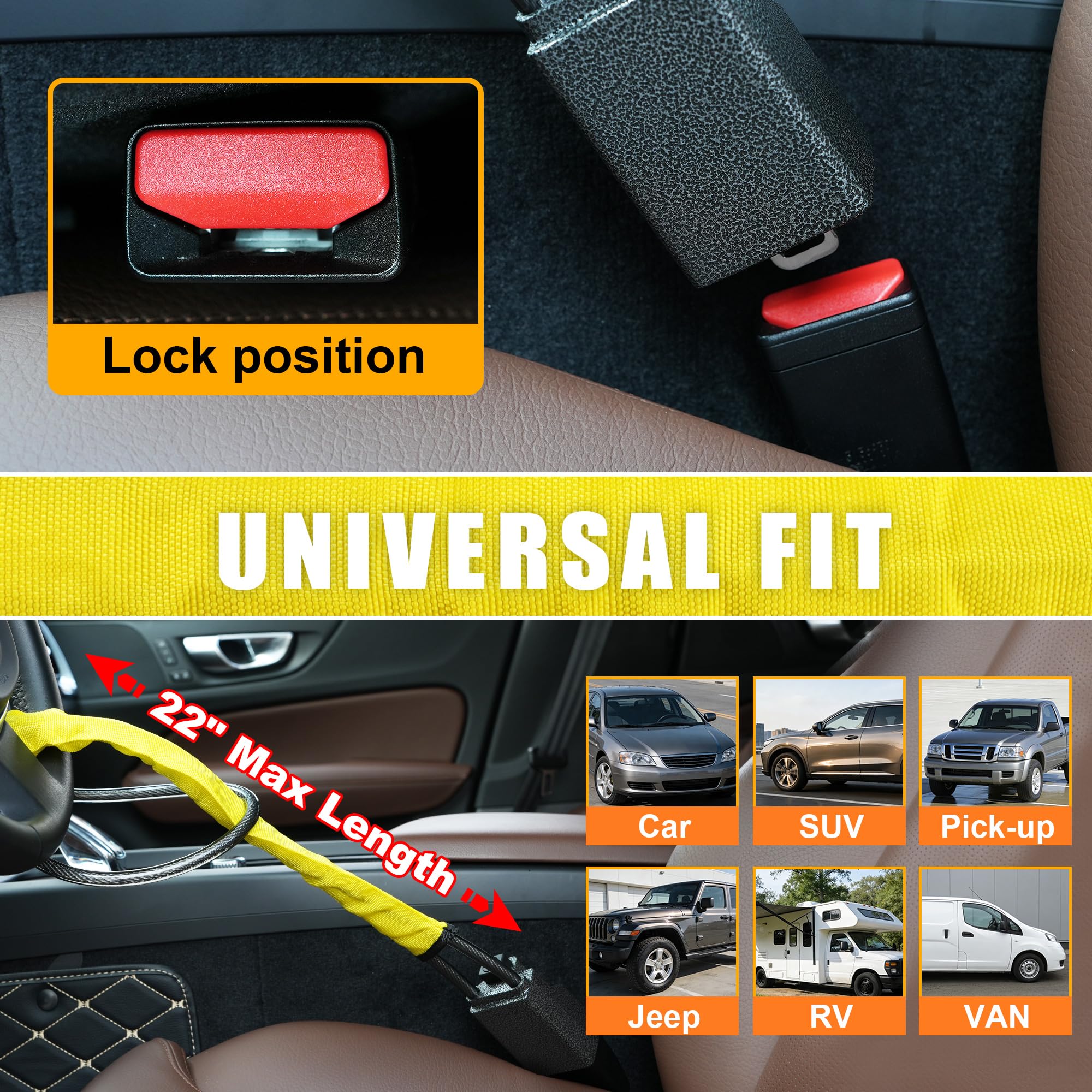 Turnart Steering Wheel Lock Seat Belt Lock Universal Fit Most Vehicles Sturdy Lock for Car Truck SUV Van Security with 3 Keys (Yellow) — view 6