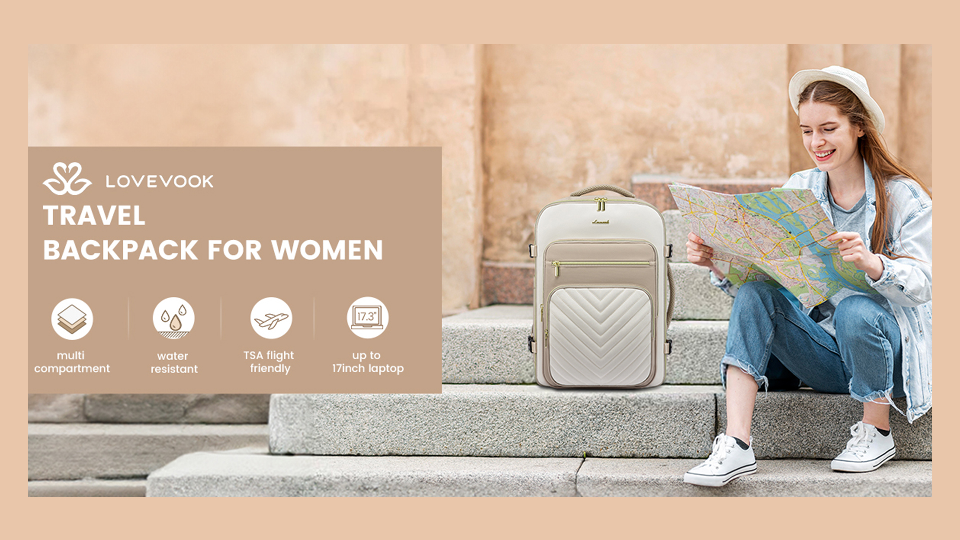LOVEVOOK Rugzak voor reizen, cabinetas, vliegtuig, bagage, koffer, Easyjet, Ryanair, waterdichte laptoprugzak voor dames, 17 Pouces, Casual, zwart/beige/bruin, 45 cm x 33 cm x 20 cm