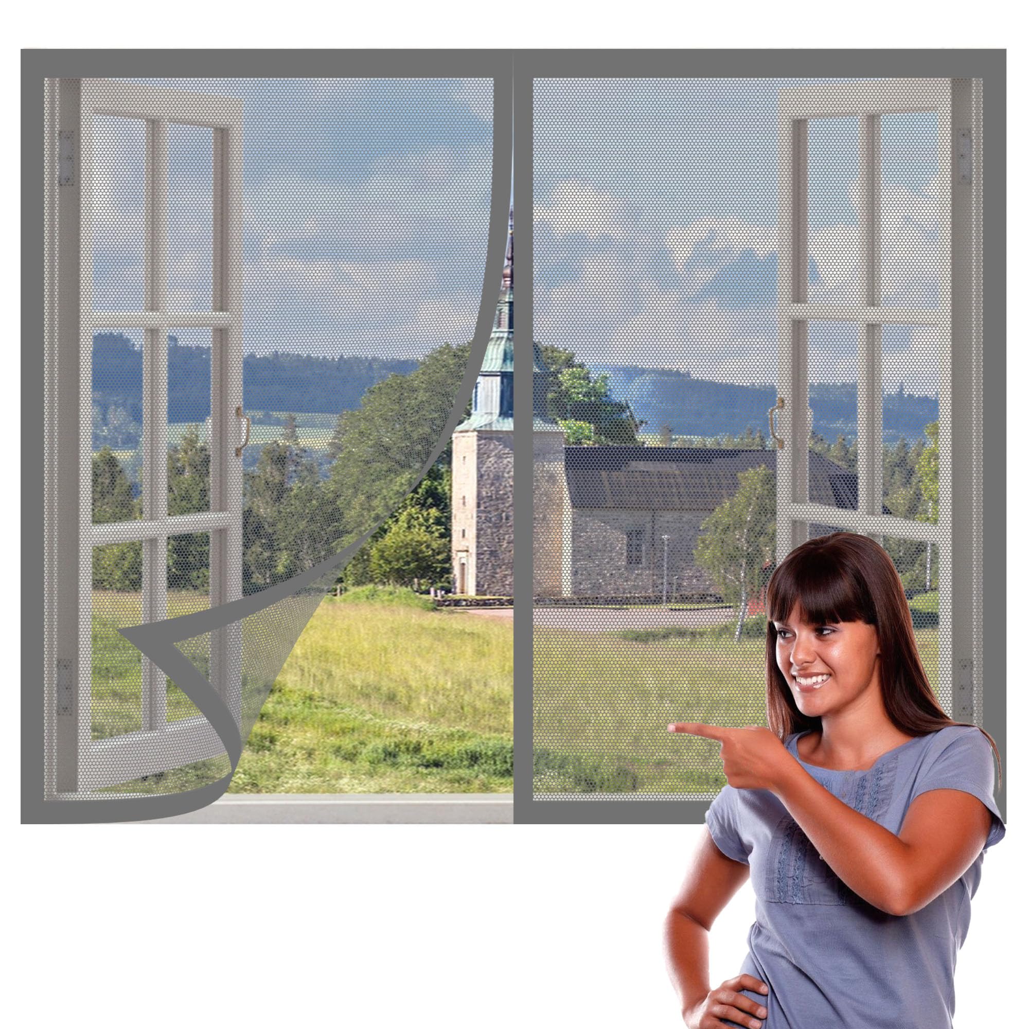 Zanzariere Magnetiche 175 x 160 cm Varie Taglie Zanzariera Autoadesiva Finestre Senza Foratura e Silenziosa per Finestre Qualunque Piccole Grandi, Grigio