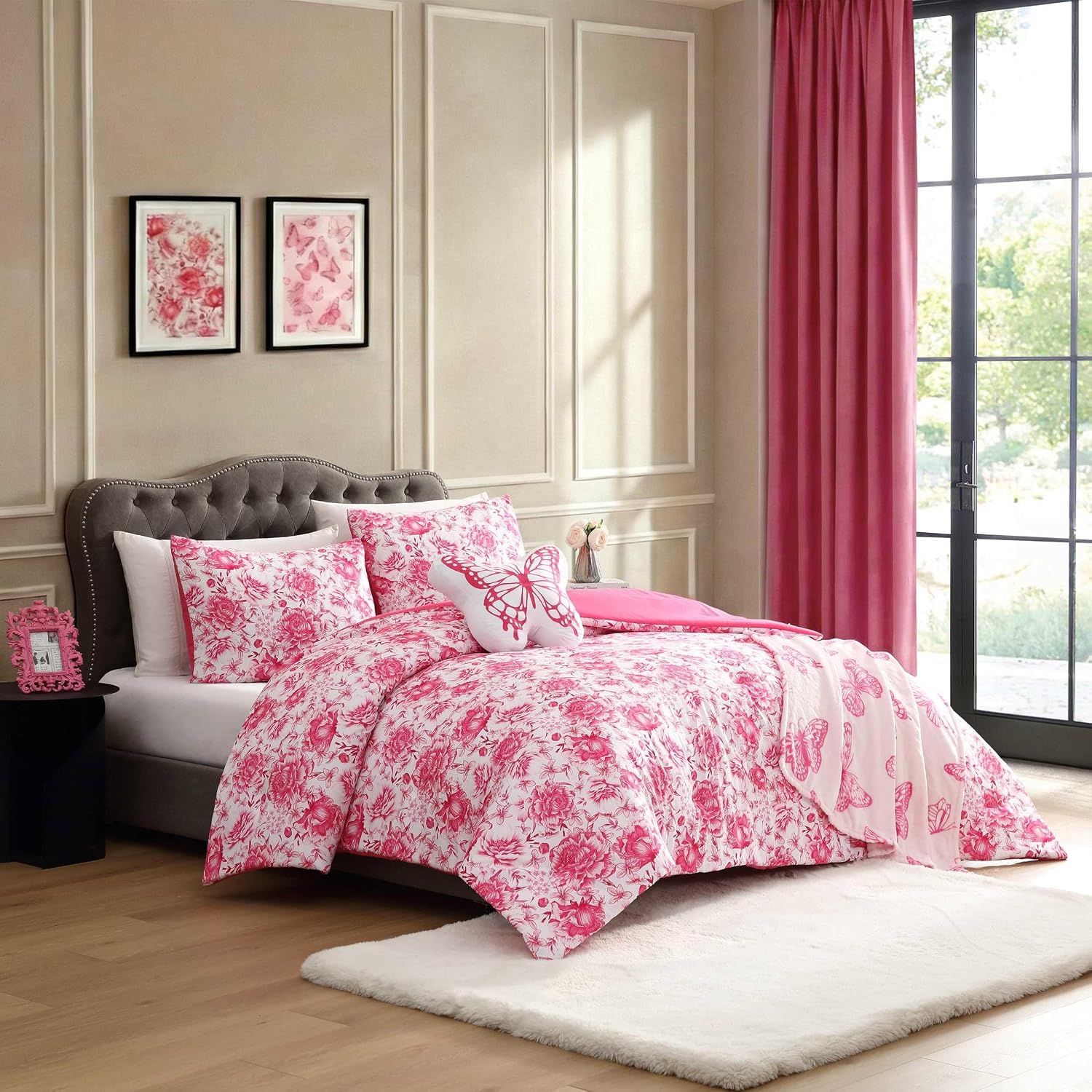 Betsey Johnson - Twin Comforter Set, 100% Soft & Reversible Floral Bedding, Plush 4 Piece Bonus Bed Set with Pillowcase, Throw Blanket & Butterfly Shaped Throw Pillow (Sketch Malachite Pink) image 2