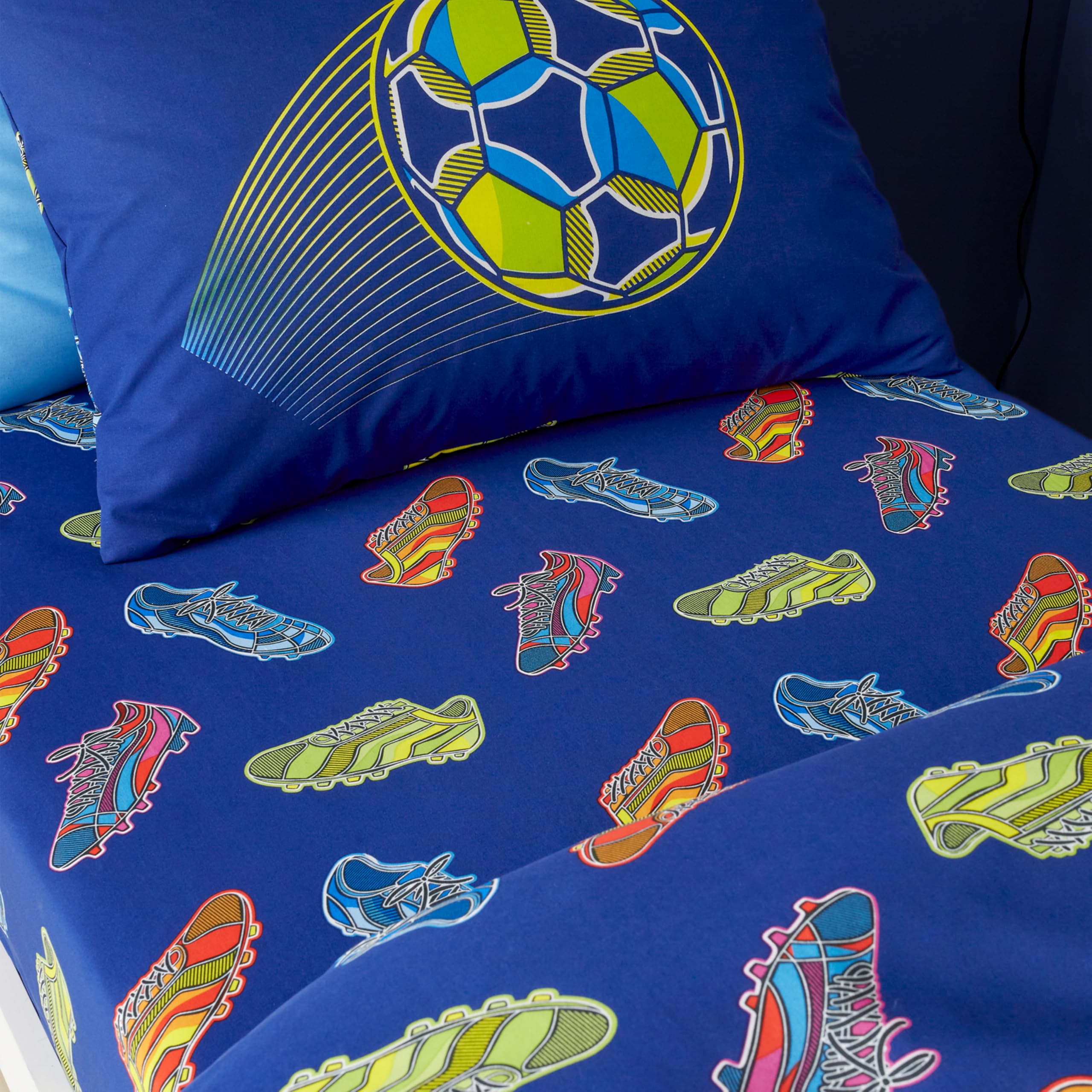 Catherine Lansfield Bright Football Double Fitted Sheet Navy Blue