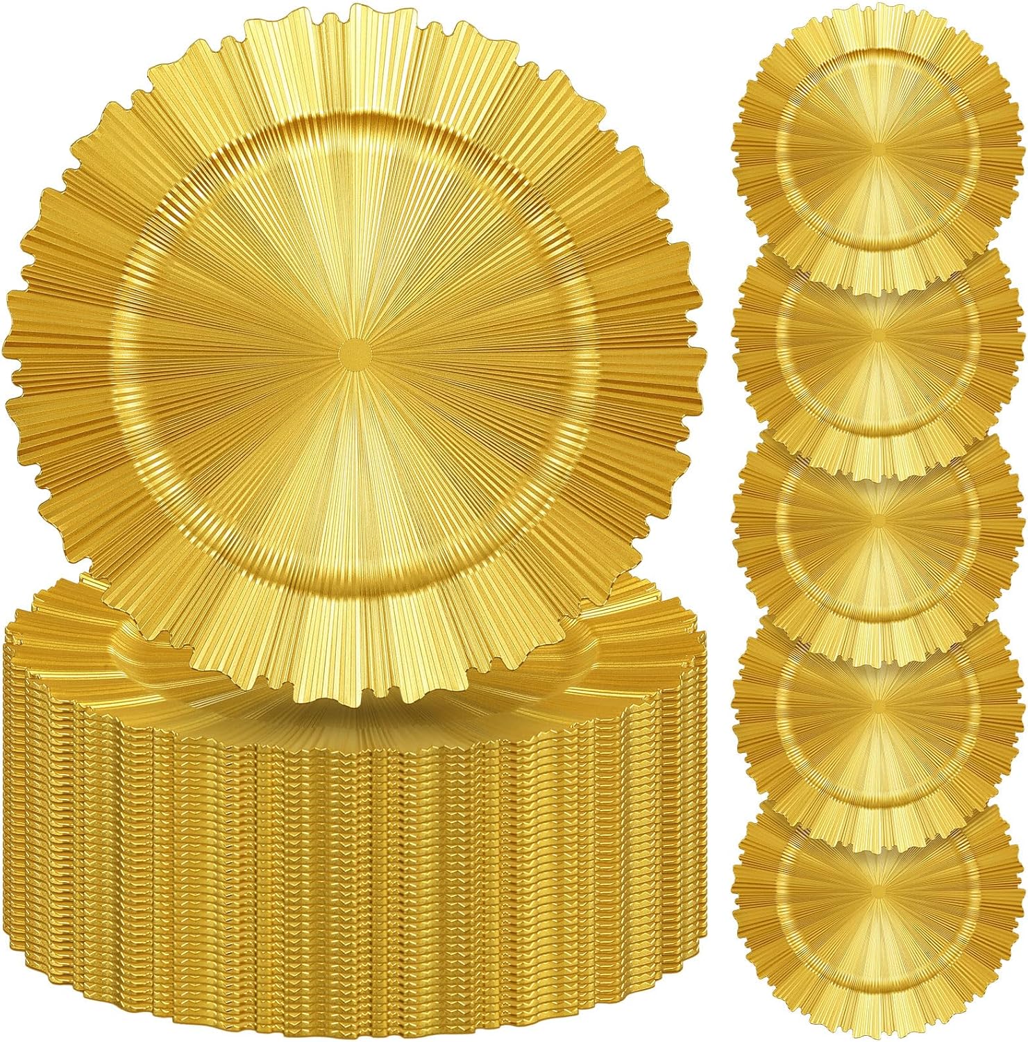 Mifoci 50 Pcs Gold Charger Plates Bulk 13 Inch Plastic Round Chargers Fluted Edge Dinner Plate Wedding Decoration for Table Setting Wedding Party Event Tabletop(Bright Gold) Bright Gold 50