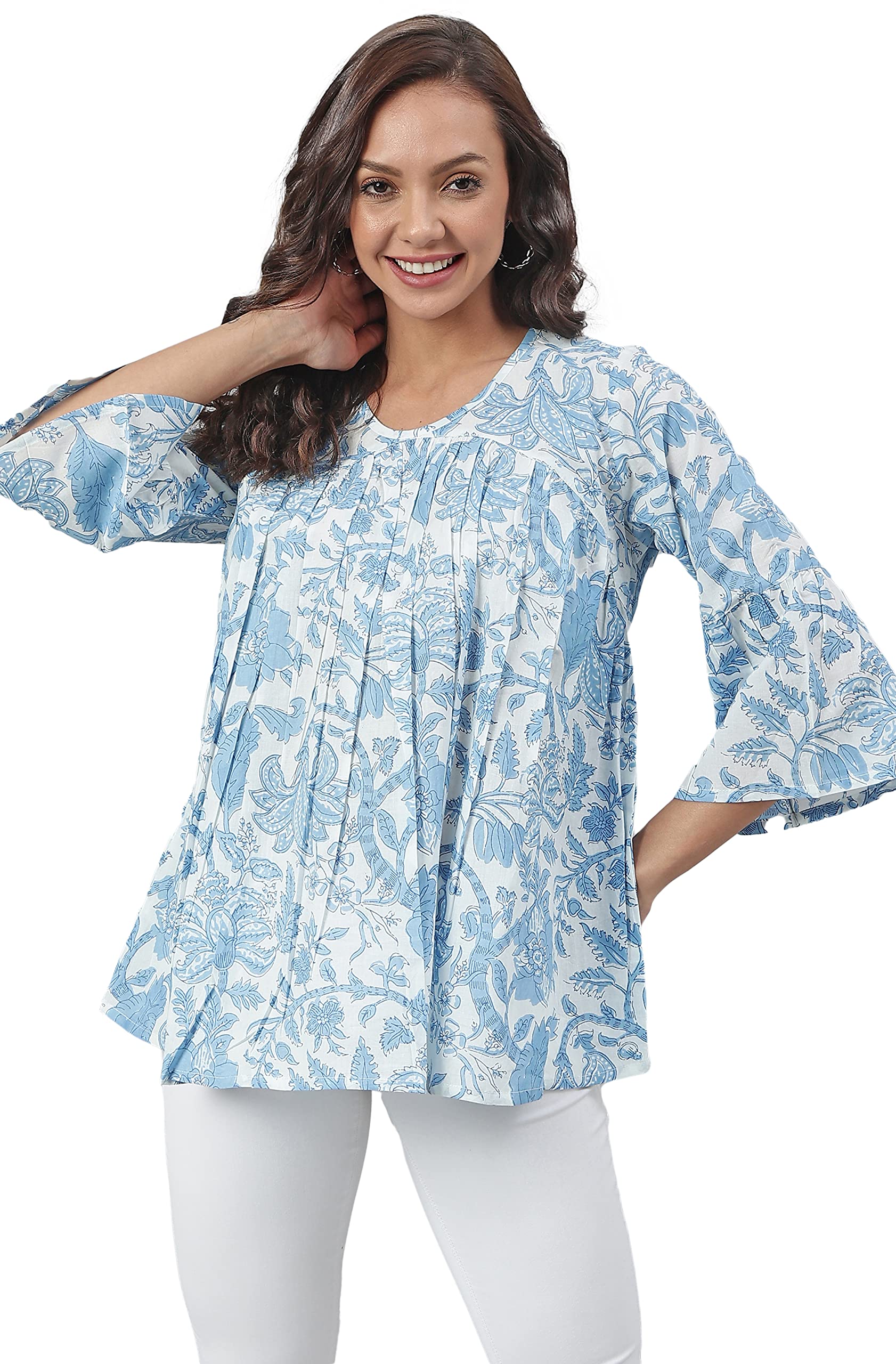 JanasyaWomen's White Cotton Floral Print Flared Top