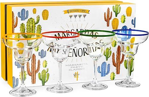Vasos de cóctel Margarita de 10 onzas + bordes coloridos para fiesta, juego de 4, copas clásicas de bebidas congeladas + caja de regalo divertida de
