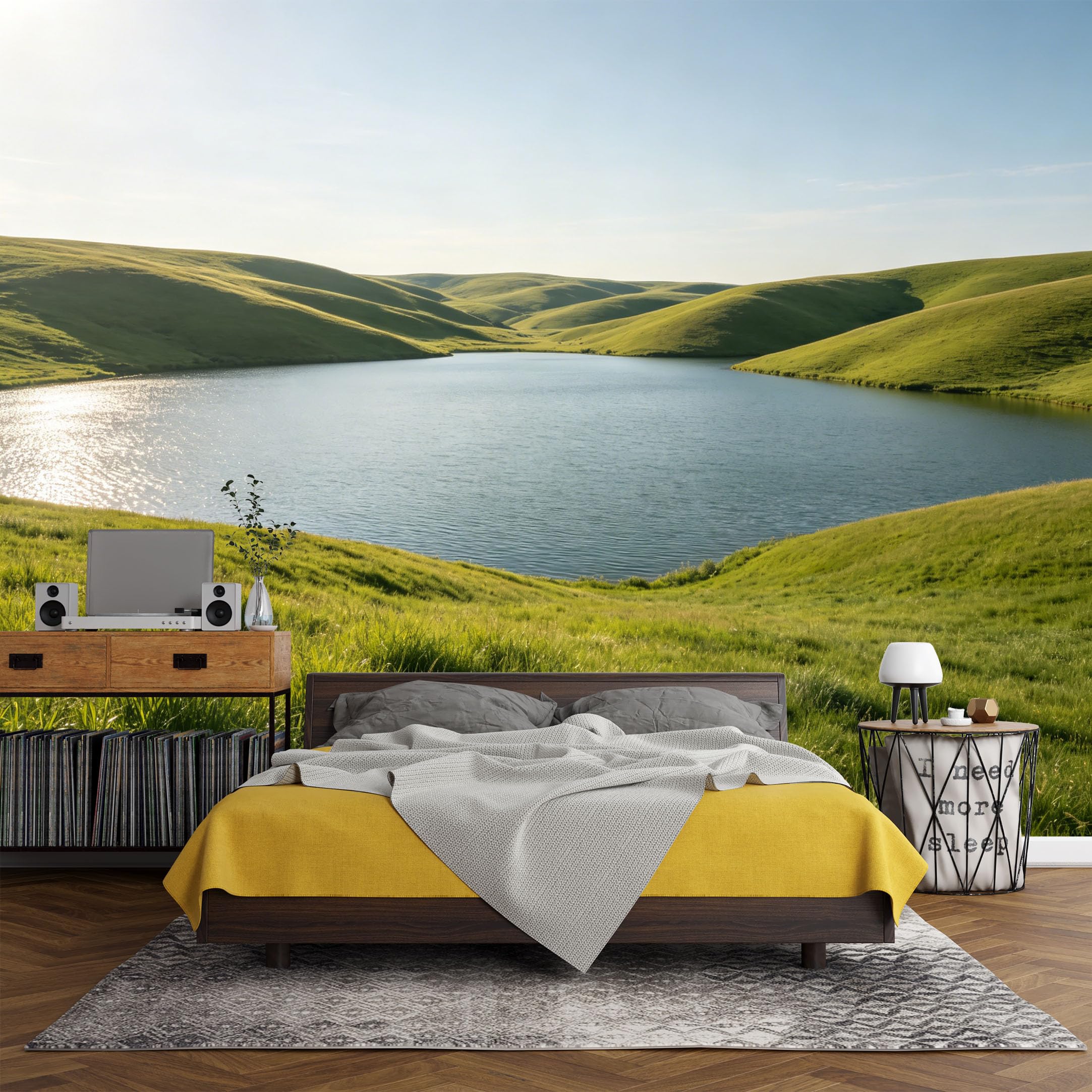 Custom Size Wall Mural， Mountain Lake Green Hills Landscape Nature Scenery，SelfAdhesive Art Prints wall Fabric (No PVC) Removable Wallpaper Living Room Decor