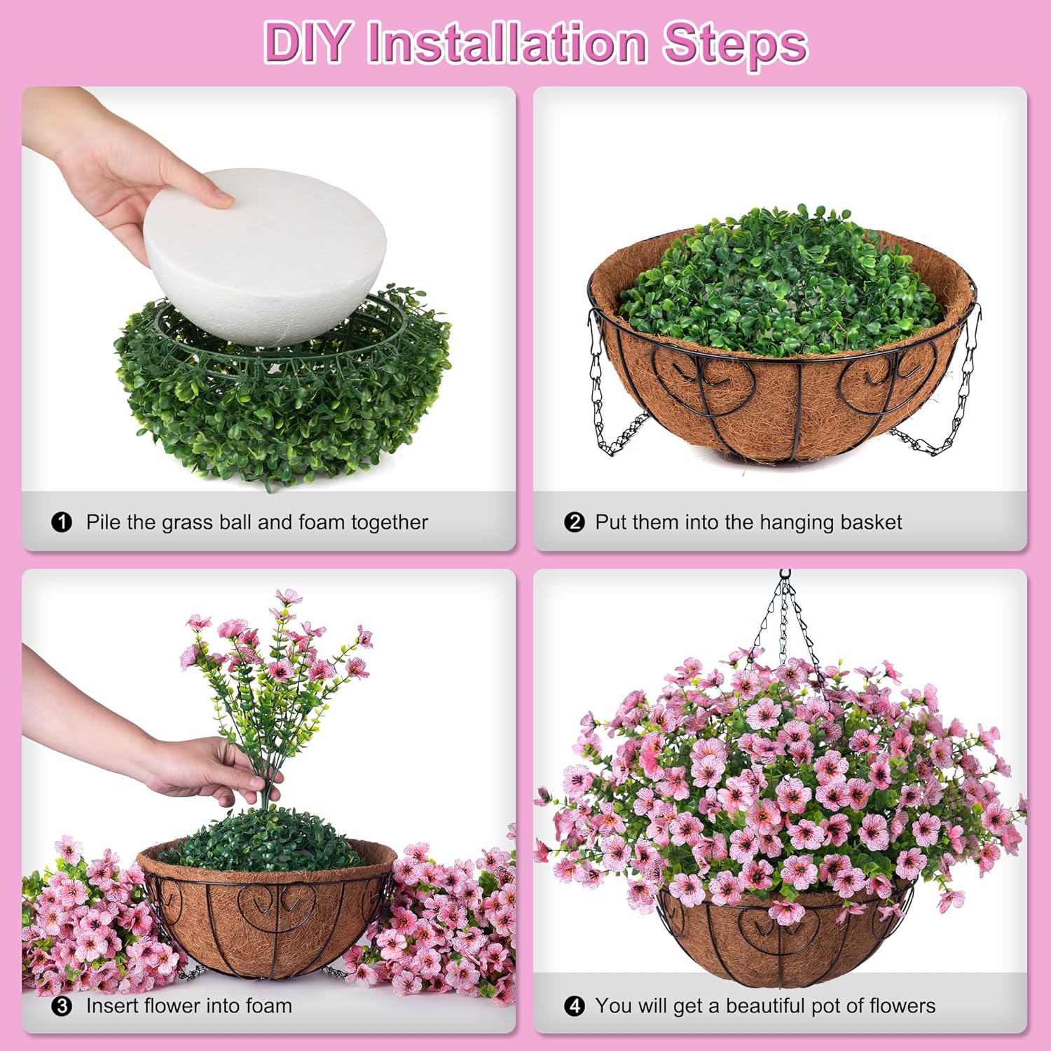 Artificial Flowers Hanging Basket for Outdoor Indoor Spring Summer Decor,Fake Silk Colorful Daisy Eucalyptus in 12" Metal Coconut Lining Flowerpot Arrangement for Home Patio Yard Decor(Pink) - Image 7