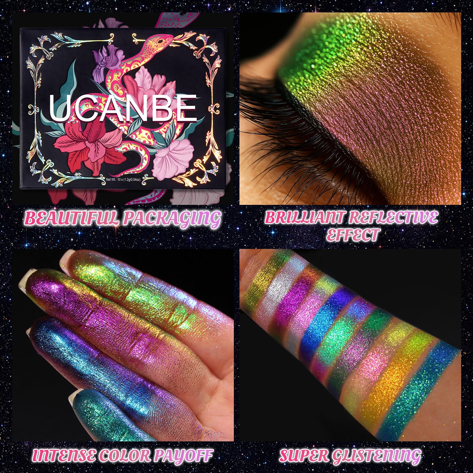 UCANBE Paleta cieni do powiek Chameleon Multichrome, 10 kolorów, odblaskowe, metaliczne cienie do powiek ze zmianą kolorów, różne możliwości zastosowania, różne kolory, holograficzne błyszczące cienie