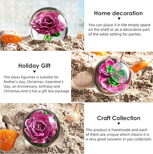 Miniatura 3 de Figura de esfera de flores de vidrio soplado a mano, pisapapeles de vidrio para regalo de cumpleaños (flores rosas)