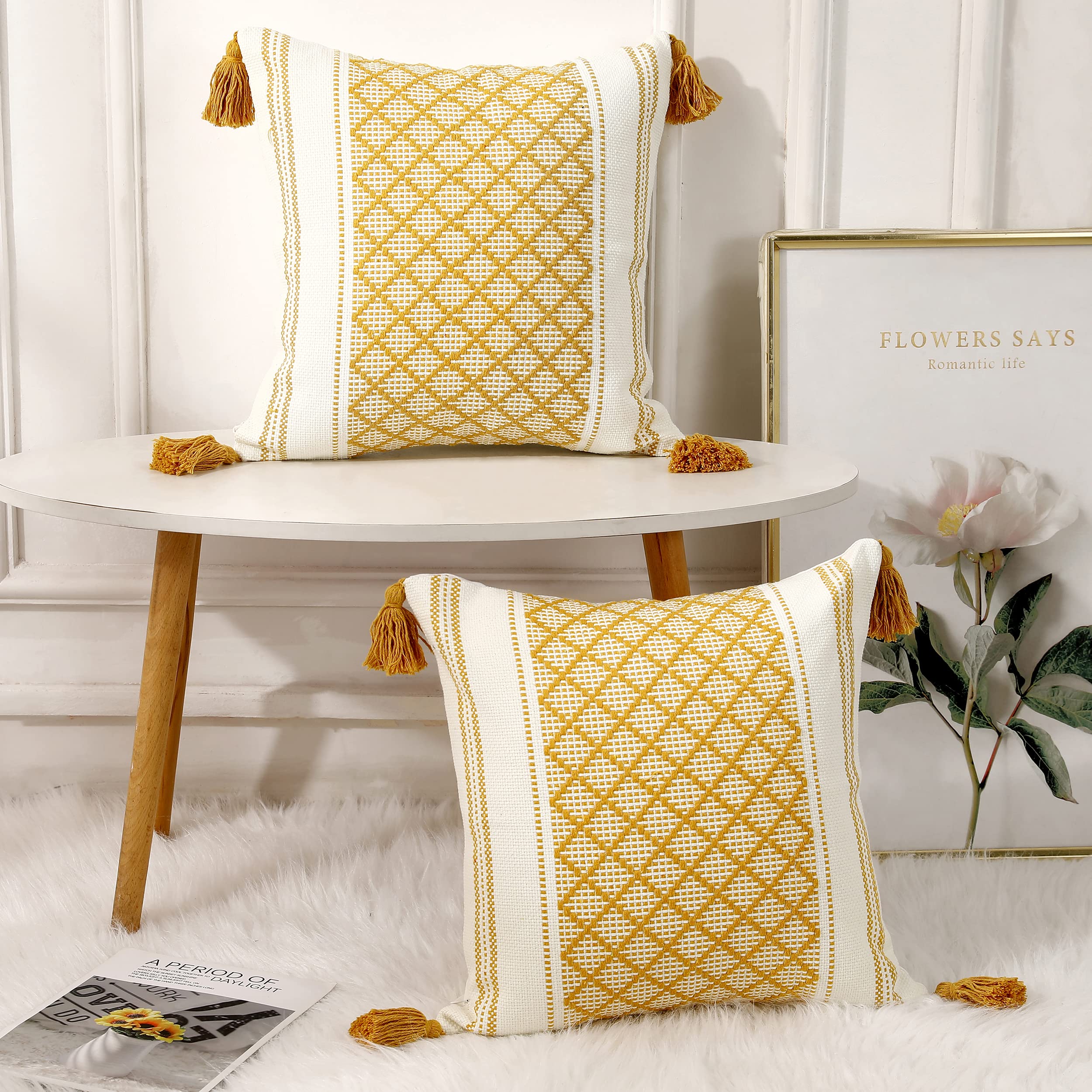 PANOD Gestrickter Boho-Kissenbezug, natürliche Baumwolle, handgewebt, getuftet, dekorative Quaste, quadratisch, Kissenbezug für Couch, Sofa, Schlafzimmer, Wohnzimmer, Bauernhaus, 50,8 x 50,8 cm, Gelb