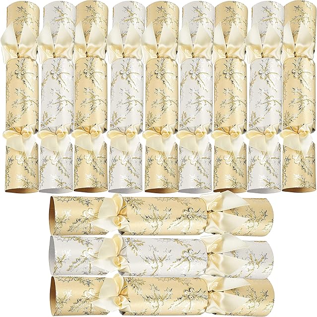mysmartbuy.com 12 x Gold & Silver Sandringham Christmas Crackers  Luxury Xmas Cracker Set with Opulent Finish & Individual Satin Ribbons  Each Contains Gift, Hat, Snap & Motto