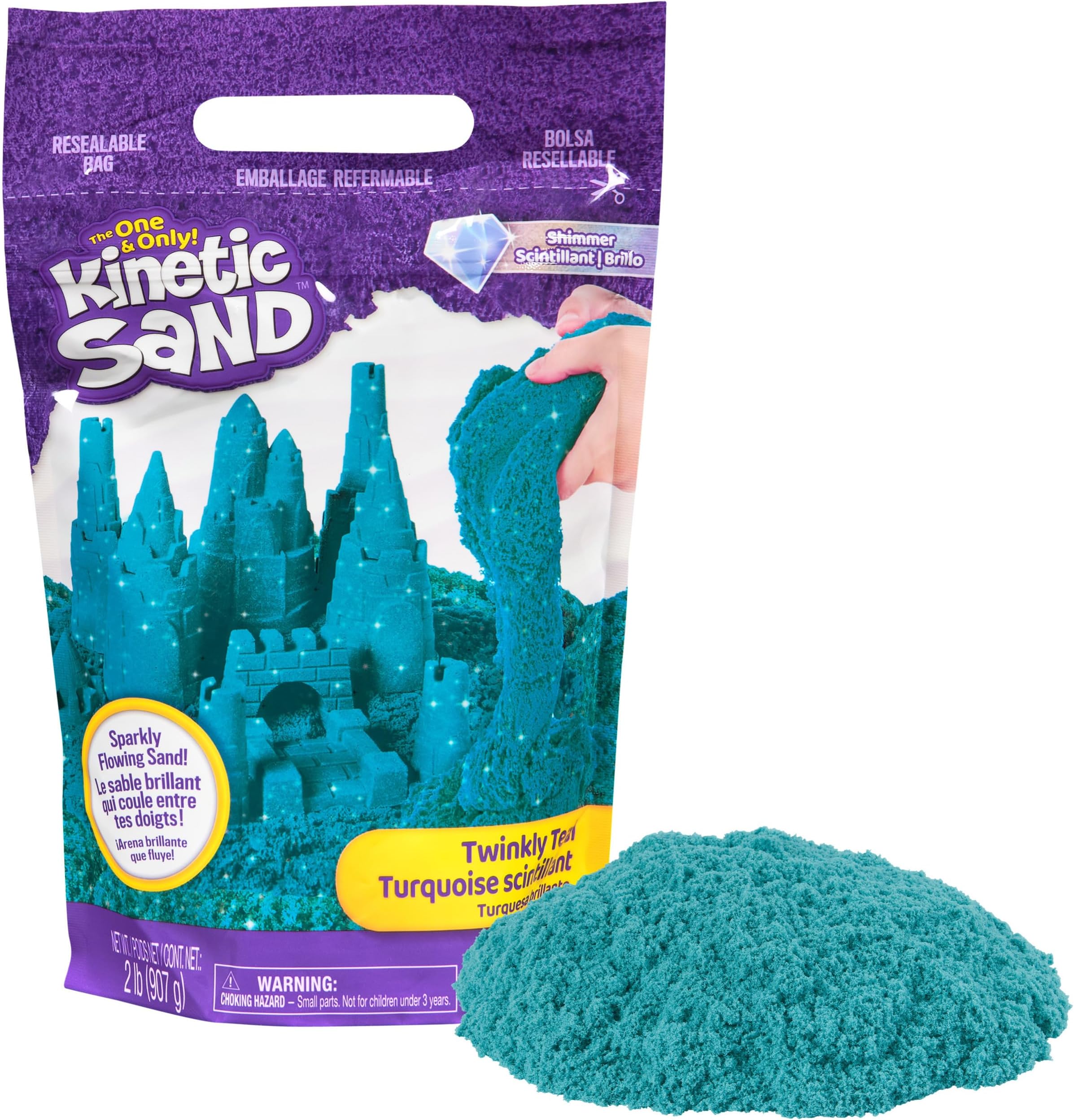 Kinetic Sand, Twinkly Teal 2lb Bag of All-Natural Shimmering Play Sand for Squishing, Mixing and Molding, Sensory Toys for Kids Ages 3 and up