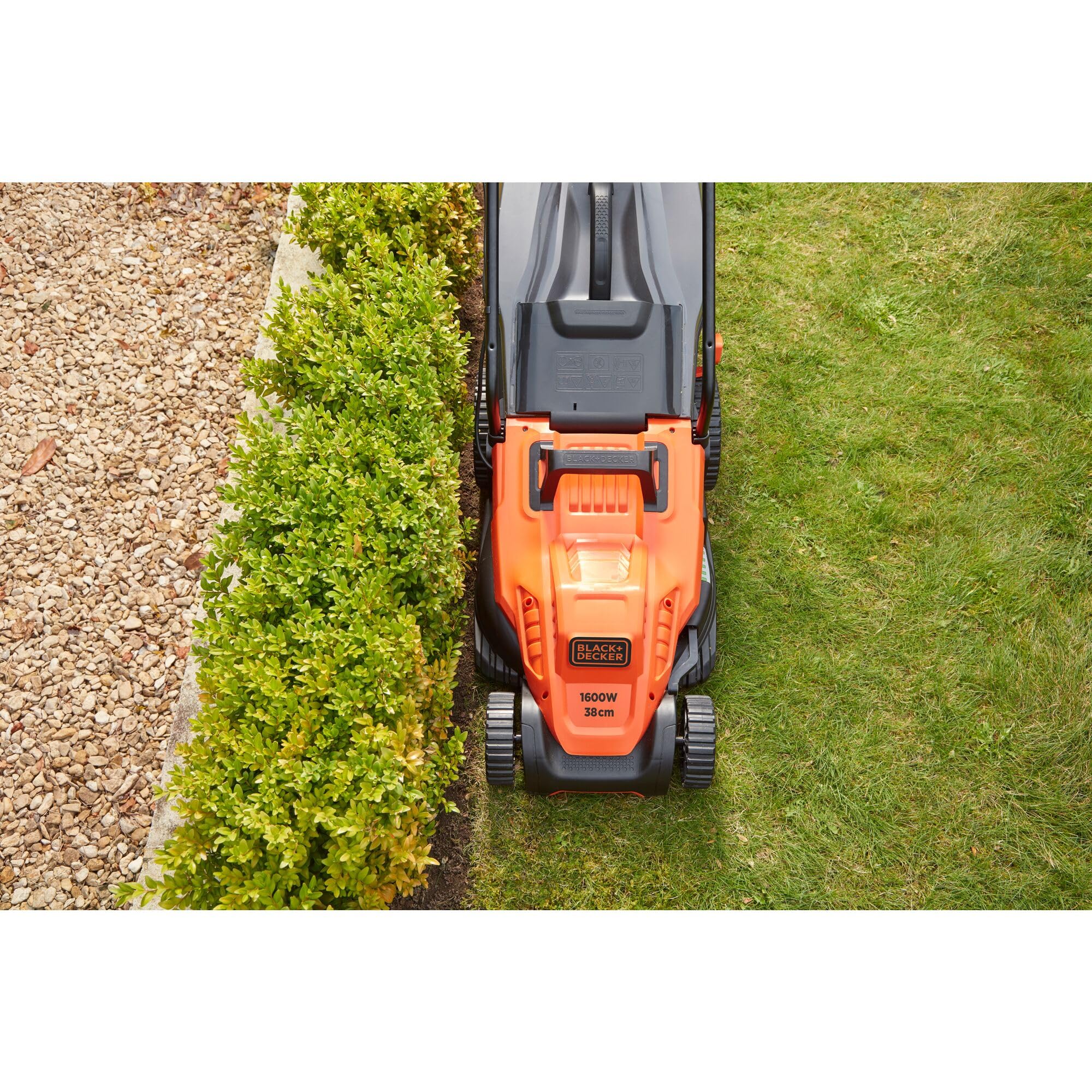 BLACK+DECKER BEMW471ES, Cortacésped eléctrico 1.600W 38 cm, Anchura de Corte de 38 cm, 6 Alturas Ajustables de Corte de 20, 30, 40, 50, 60 y 70 mm, Mango EASYSTEER de 3 Posiciones