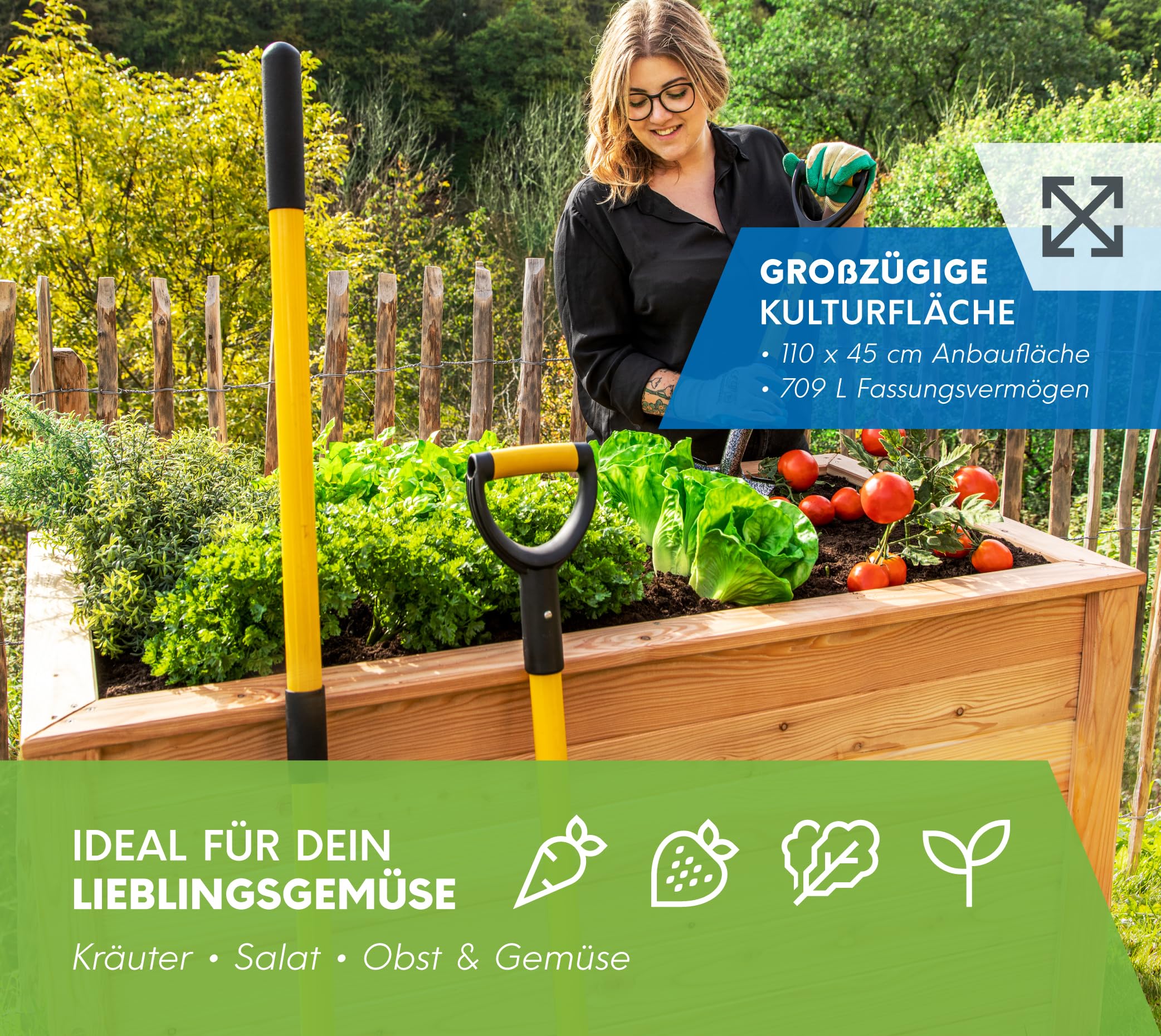 WESTMANN Hochbeet aus Lärchenholz | 130x65x84 cm Natur | Kräuterbeet für den Außenbereich | Holzhochbeet zum Bepflanzen von Gemüse & Kräutern